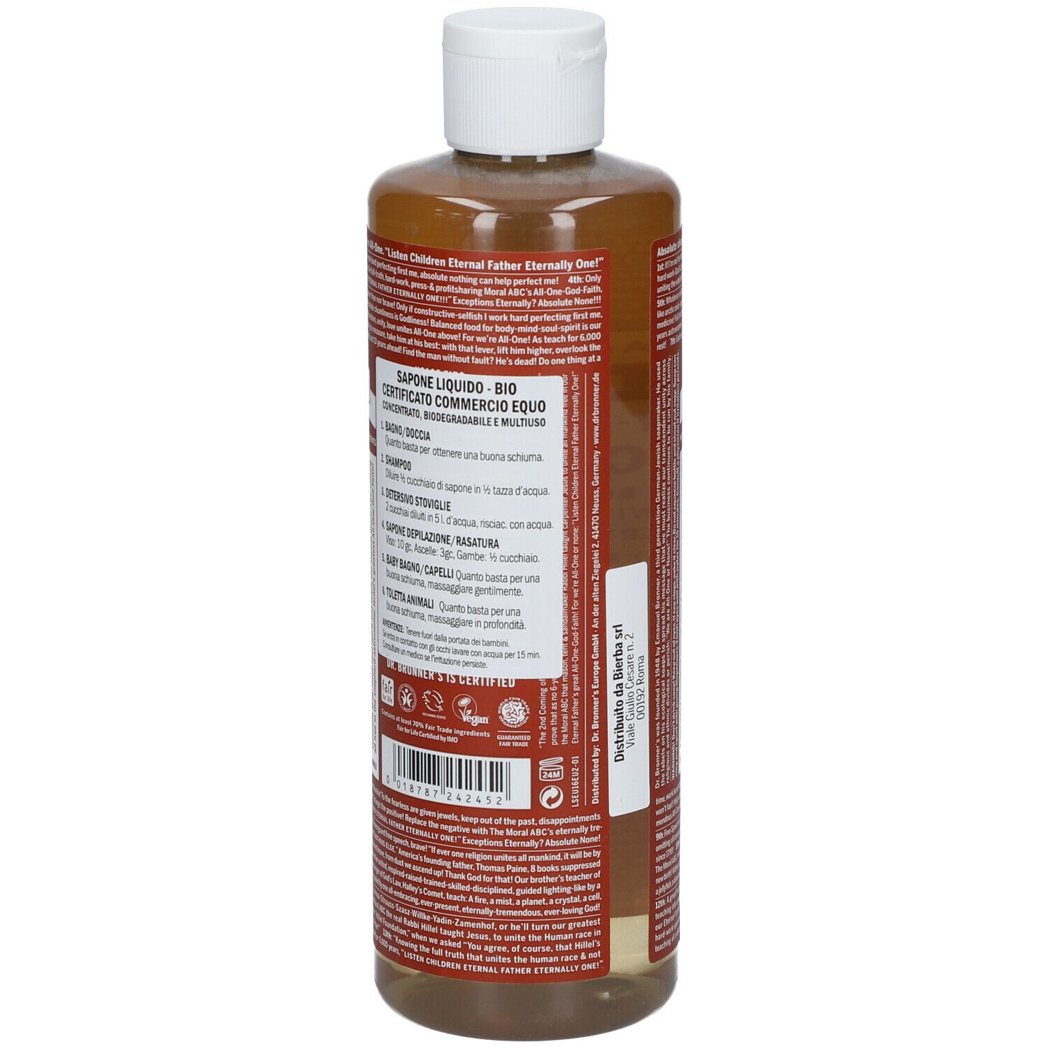 Retro del sapone Dr. Bronner's Eucalyptus. Testo in italiano. Bottiglia con tappo bianco. Certificato biologico.