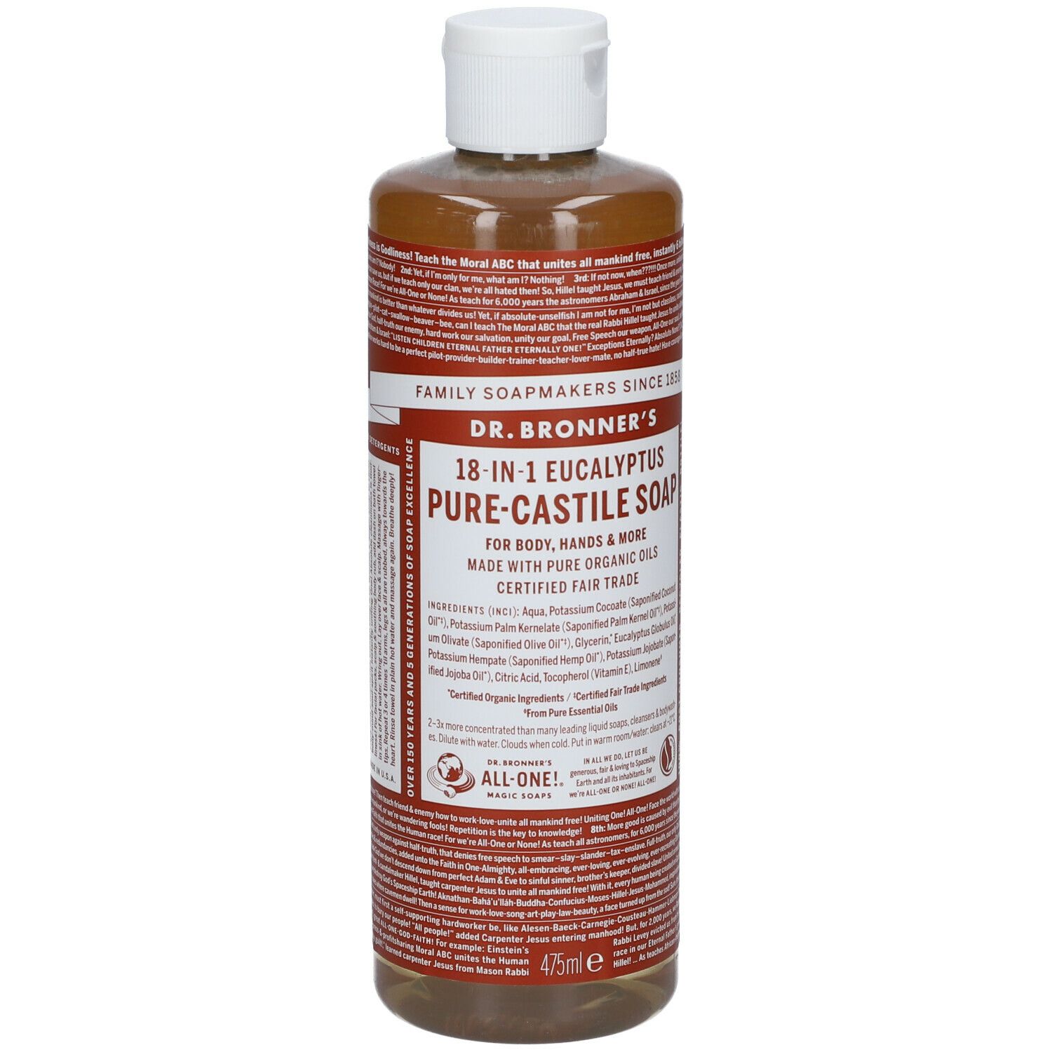 Dr. Bronner's 18-in-1 Eucalyptus Pure-Castile Soap. Bottiglia con tappo bianco. 475ml. Scritta: 'Made with pure organic oils'.