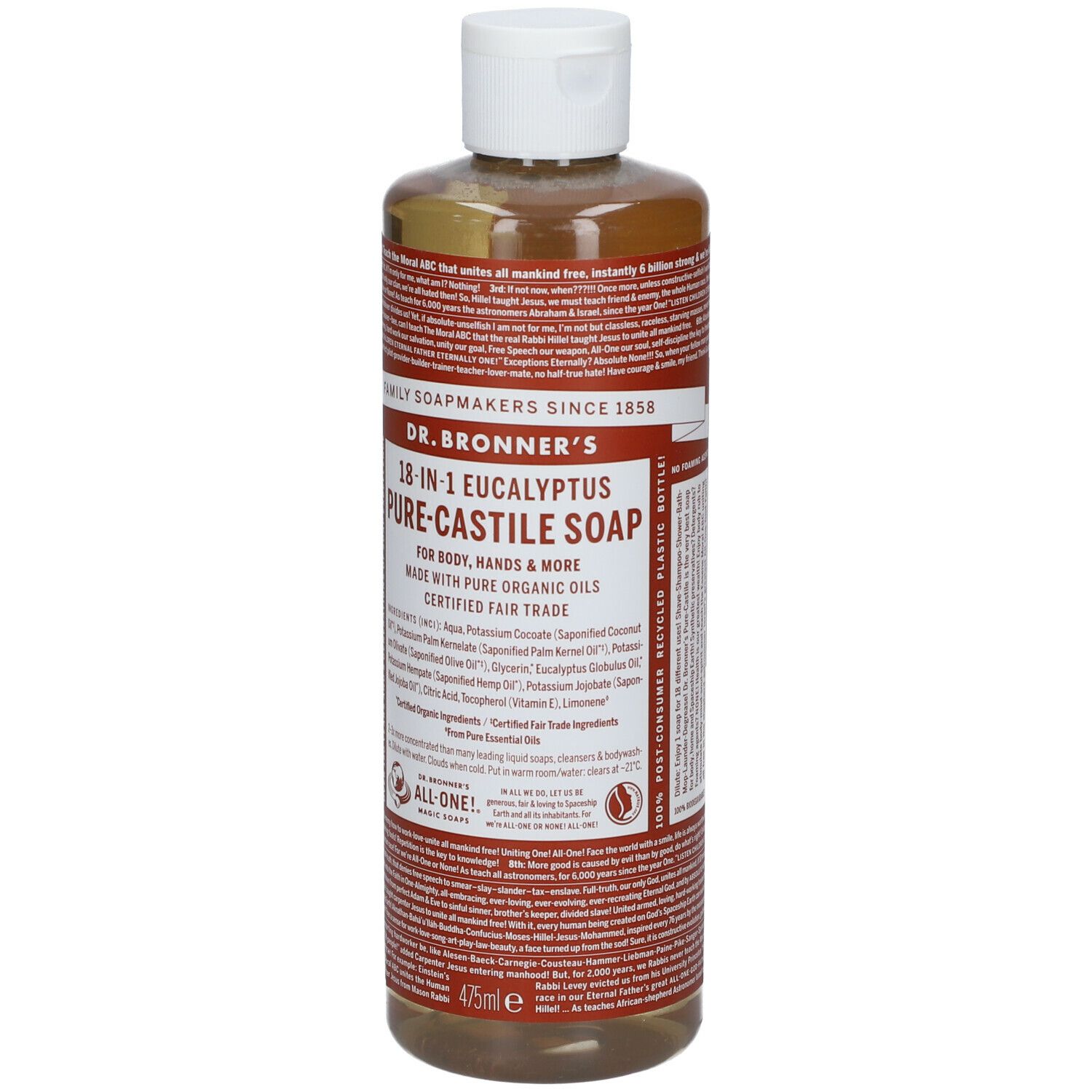 Dr. Bronner's 18-in-1 Eucalyptus Pure-Castile Soap. Bottiglia con tappo bianco. 475ml. Scritta: 'Made with pure organic oils'.