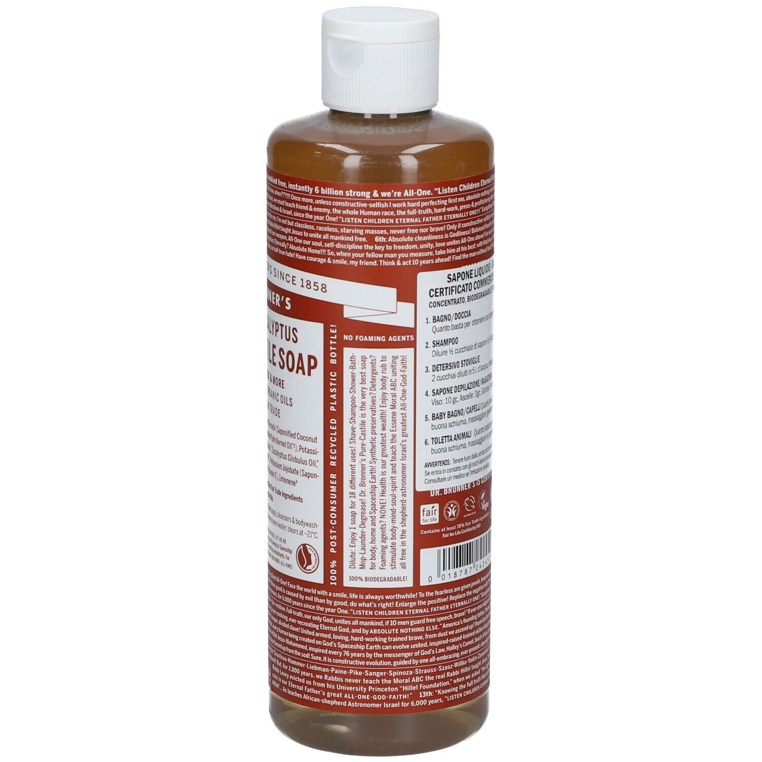 Retro del sapone Dr. Bronner's Eucalyptus. Testo multilingue. Bottiglia con tappo bianco. In plastica riciclata.