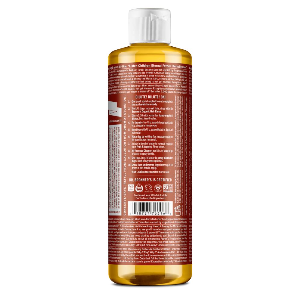 Retro del sapone Dr. Bronner's Eucalyptus. Testo multilingue. Con certificazioni. Bottiglia con tappo bianco.
