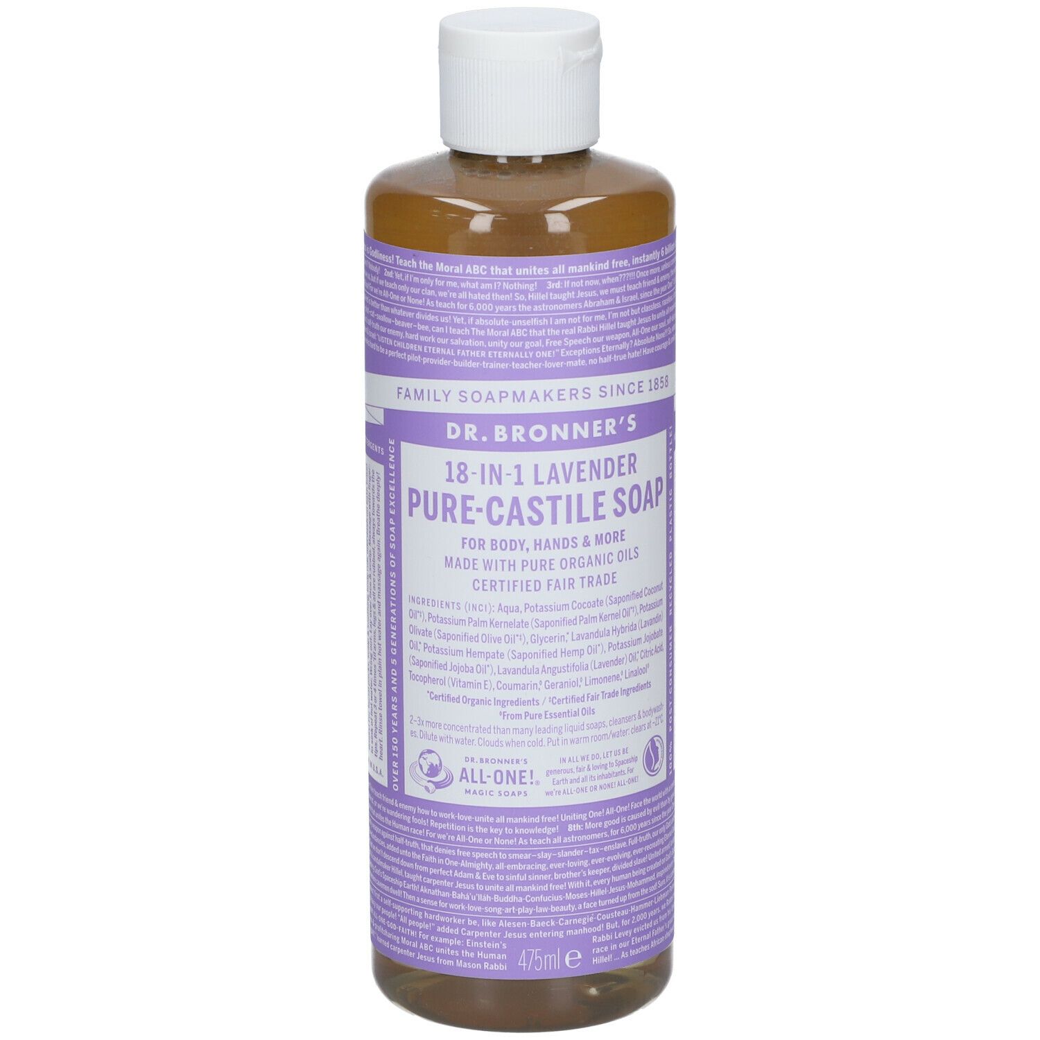 Sapone Dr. Bronner's Lavanda. Etichetta viola con informazioni. Tappo bianco. Liquido giallastro.