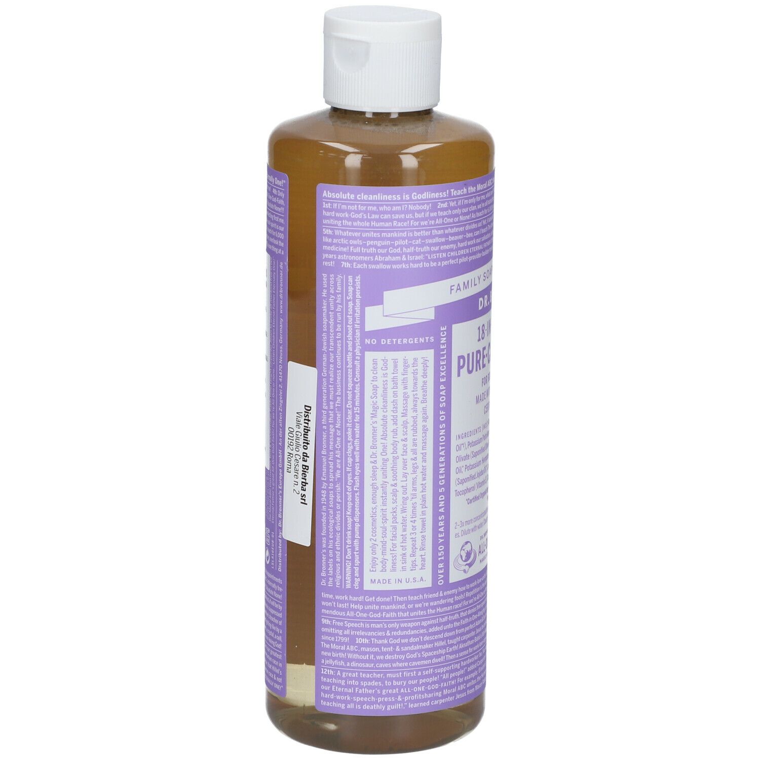 Retro del flacone di sapone. Informazioni testuali su sfondo viola. Tappo bianco. Codice a barre e certificazioni.