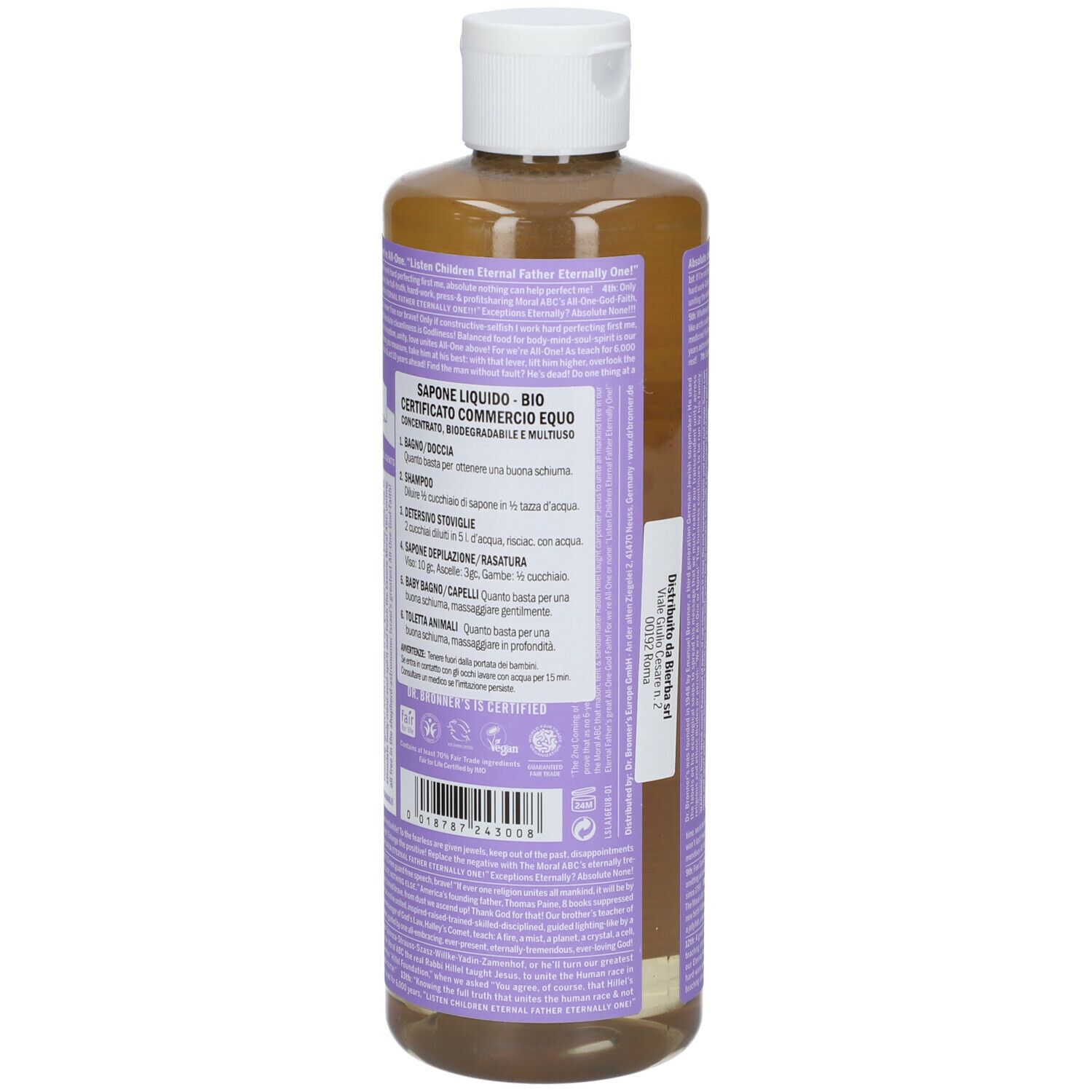 Retro del flacone di sapone. Informazioni testuali su sfondo viola. Tappo bianco. Codice a barre e certificazioni.