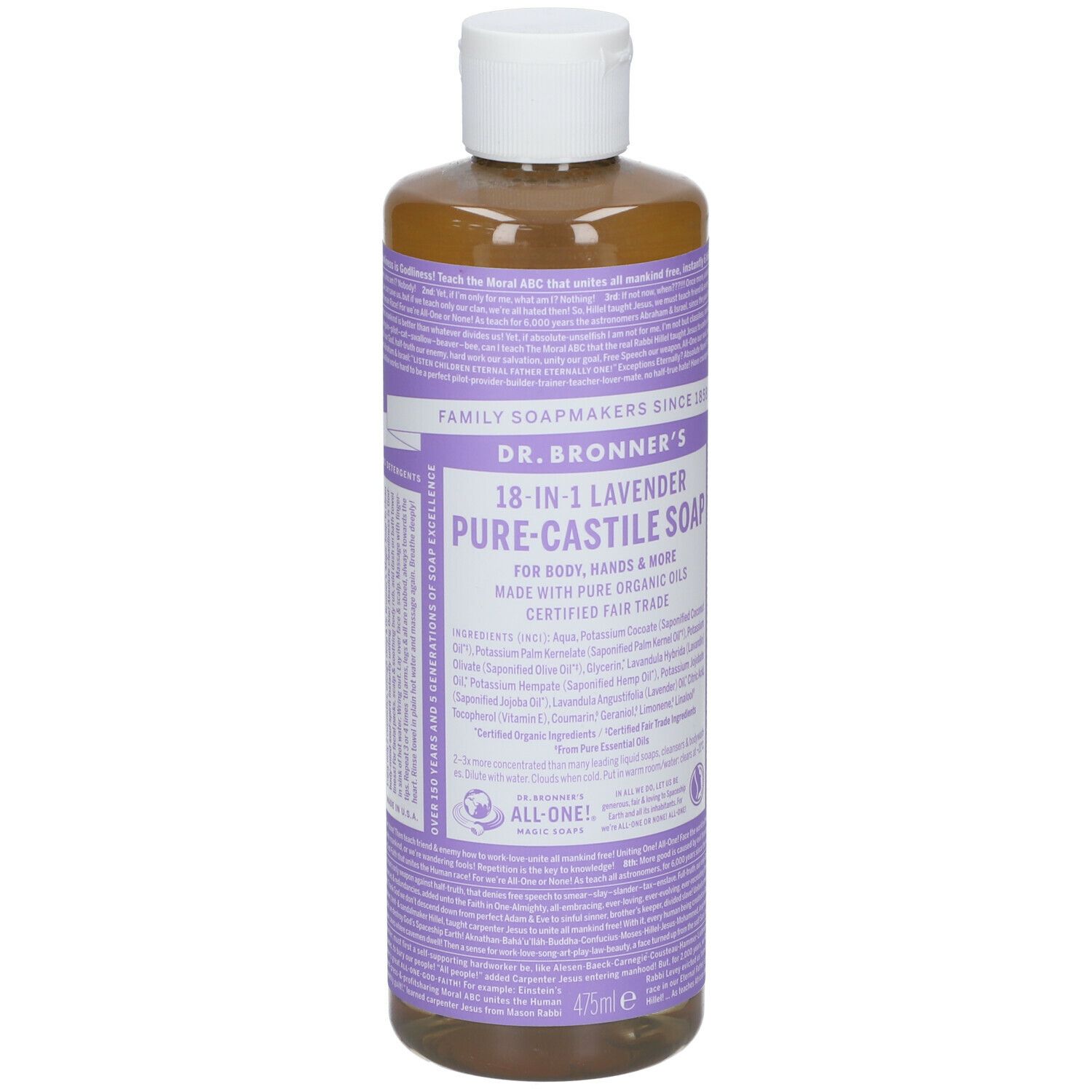 Sapone Dr. Bronner's Lavanda. Etichetta viola con informazioni. Tappo bianco. Liquido giallastro.