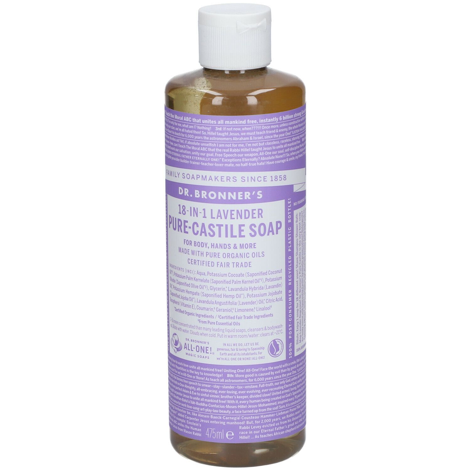 Sapone Dr. Bronner's Lavanda. Etichetta viola con informazioni. Tappo bianco. Liquido giallastro.