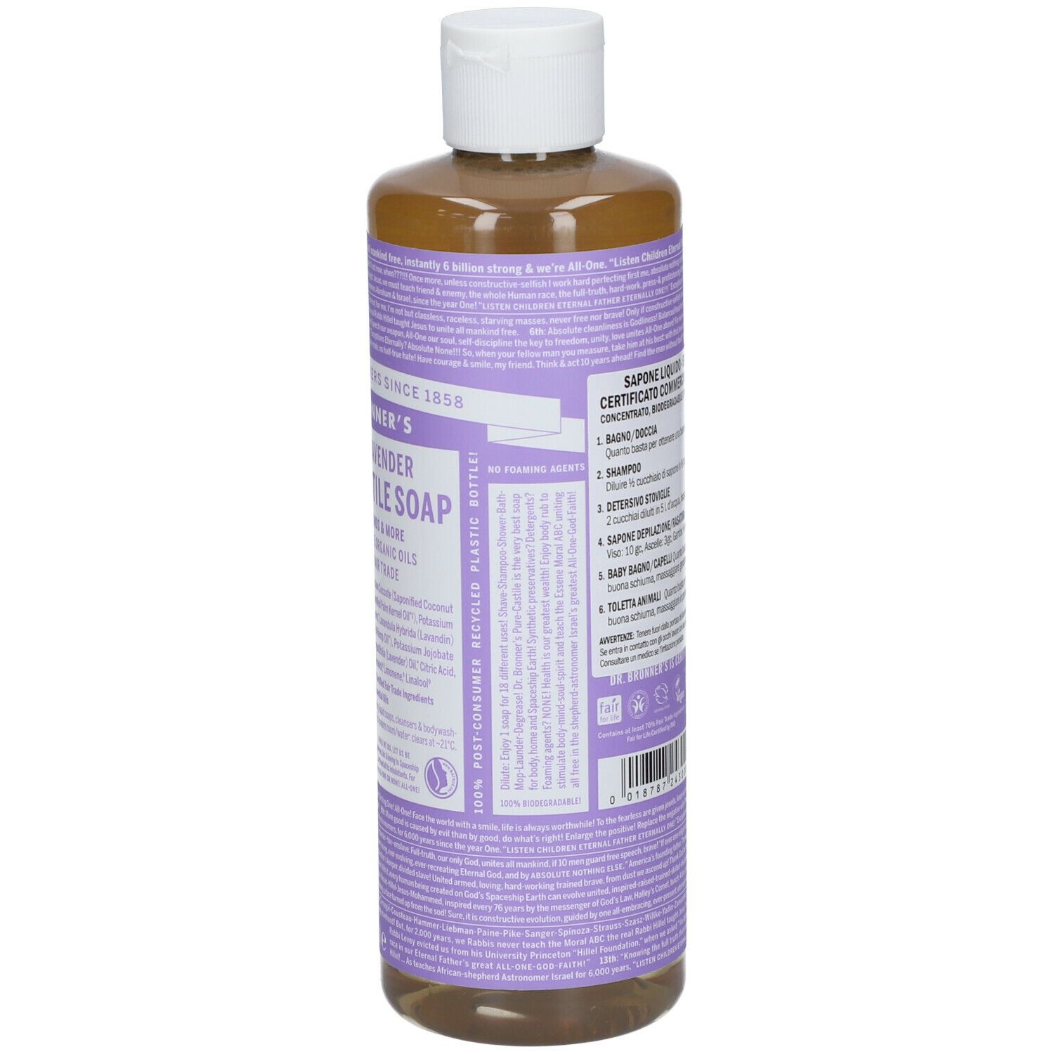 Retro del flacone di sapone. Informazioni testuali su sfondo viola. Tappo bianco. Codice a barre e certificazioni.