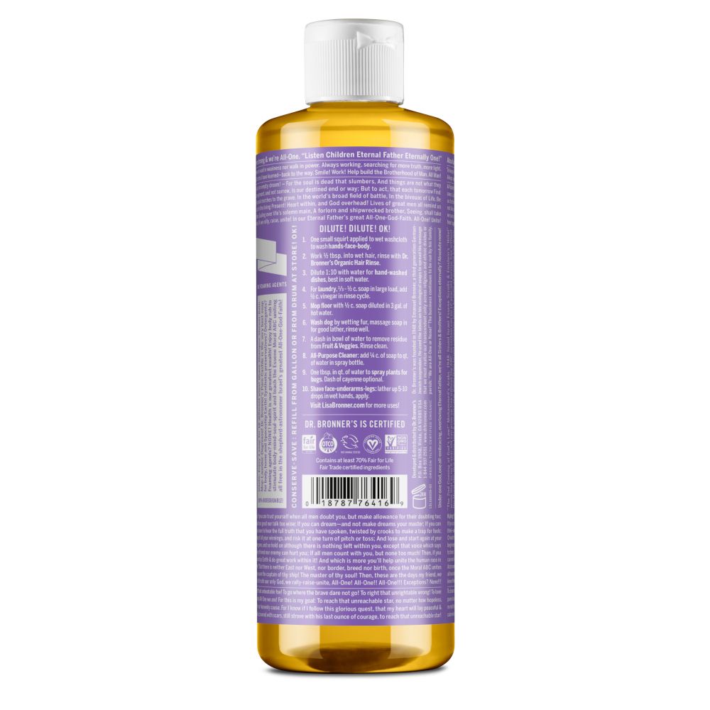 Retro del flacone di sapone. Informazioni testuali su sfondo viola. Tappo bianco. Codice a barre e certificazioni.