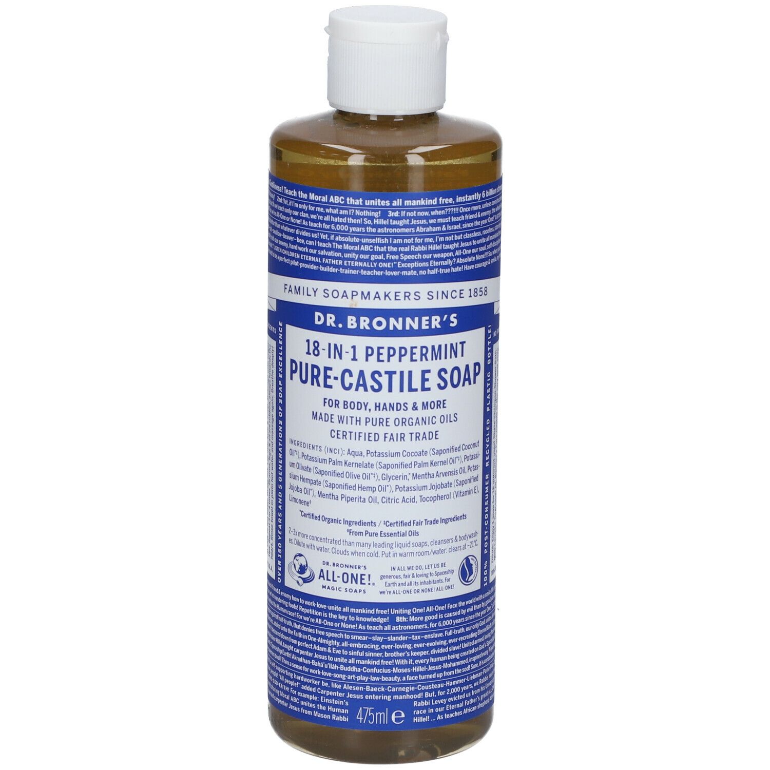 Sapone liquido in bottiglia con tappo bianco. Scritta: Dr. Bronner's 18-in-1 Peppermint Pure-Castile Soap.