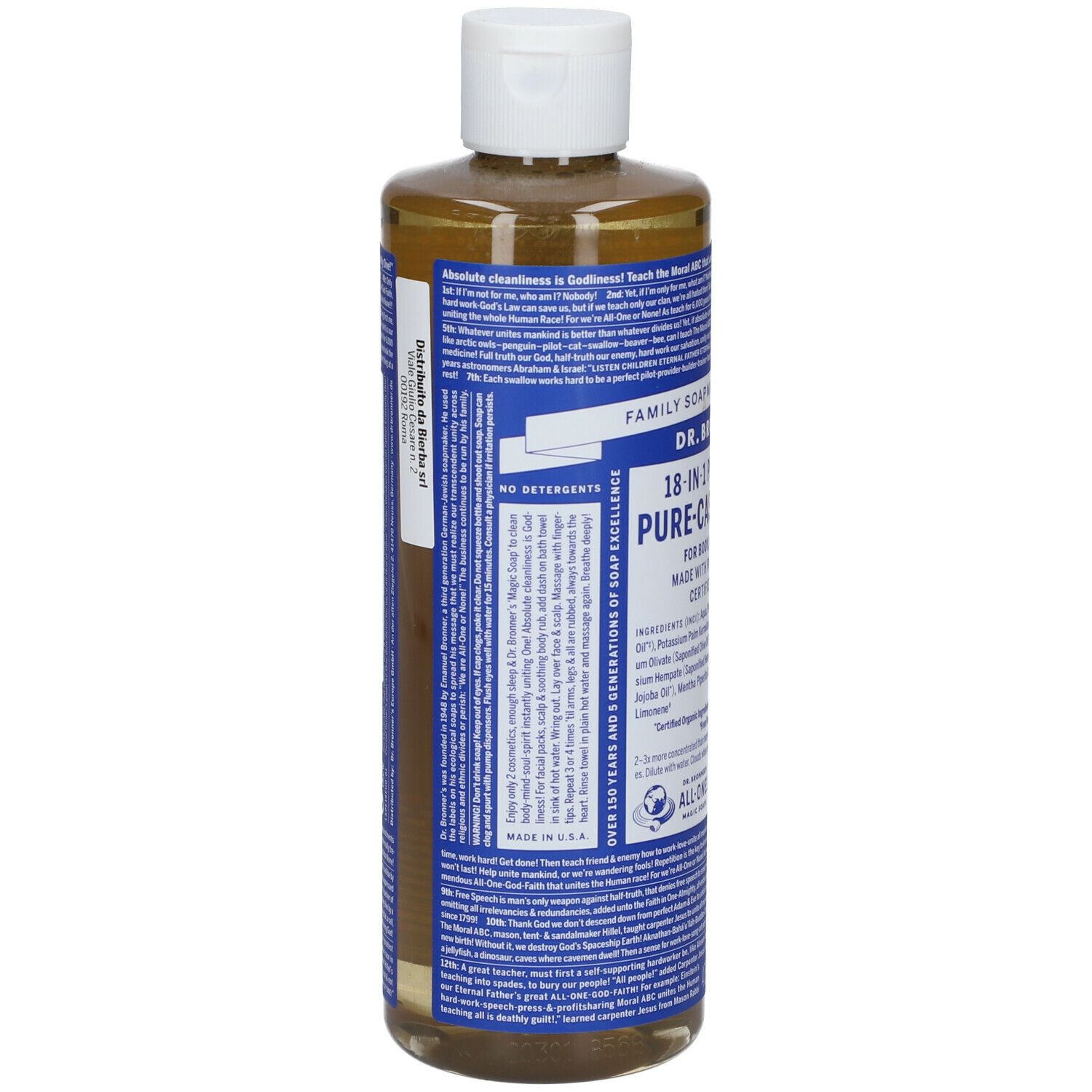 Retro di una bottiglia di sapone liquido. Testo blu e bianco. Contiene informazioni sugli ingredienti e le certificazioni.
