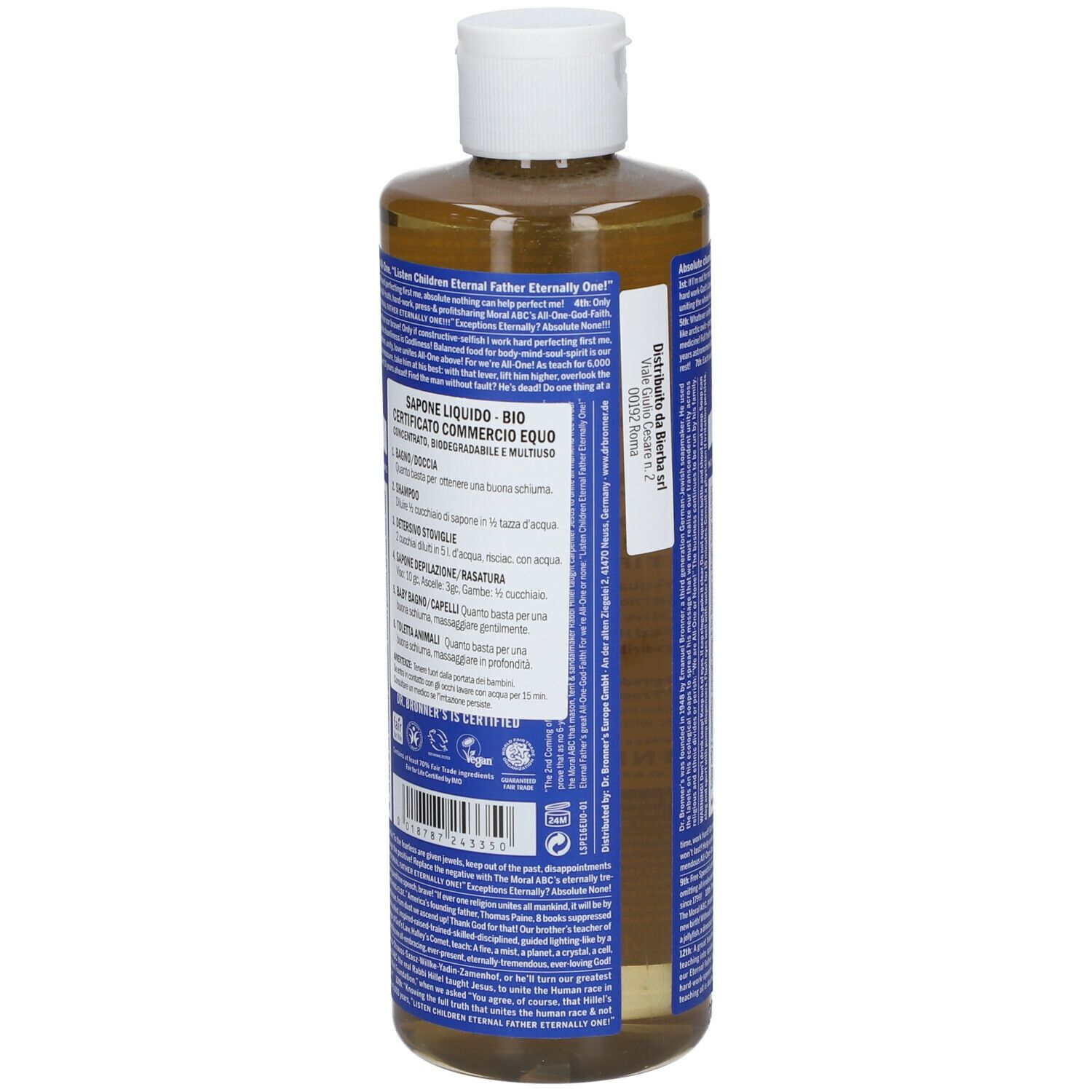 Retro di una bottiglia di sapone liquido. Testo blu e bianco. Contiene informazioni sugli ingredienti e le certificazioni.