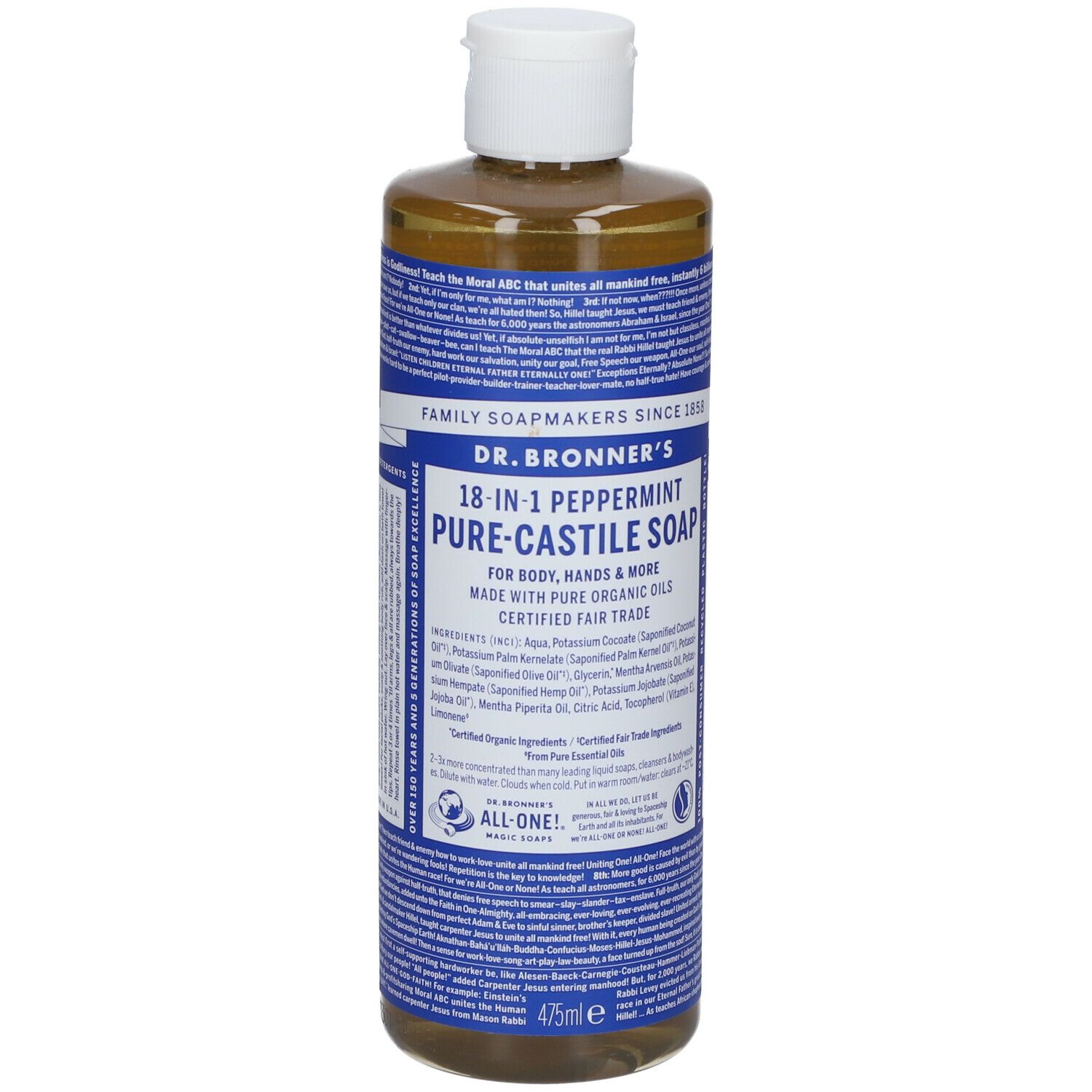 Sapone liquido in bottiglia con tappo bianco. Scritta: Dr. Bronner's 18-in-1 Peppermint Pure-Castile Soap.