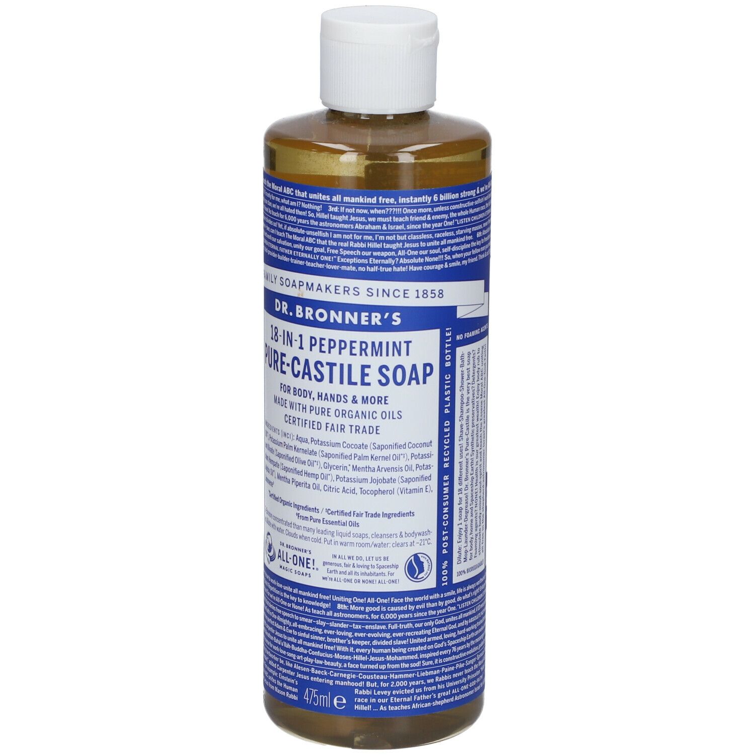 Sapone liquido in bottiglia con tappo bianco. Scritta: Dr. Bronner's 18-in-1 Peppermint Pure-Castile Soap.