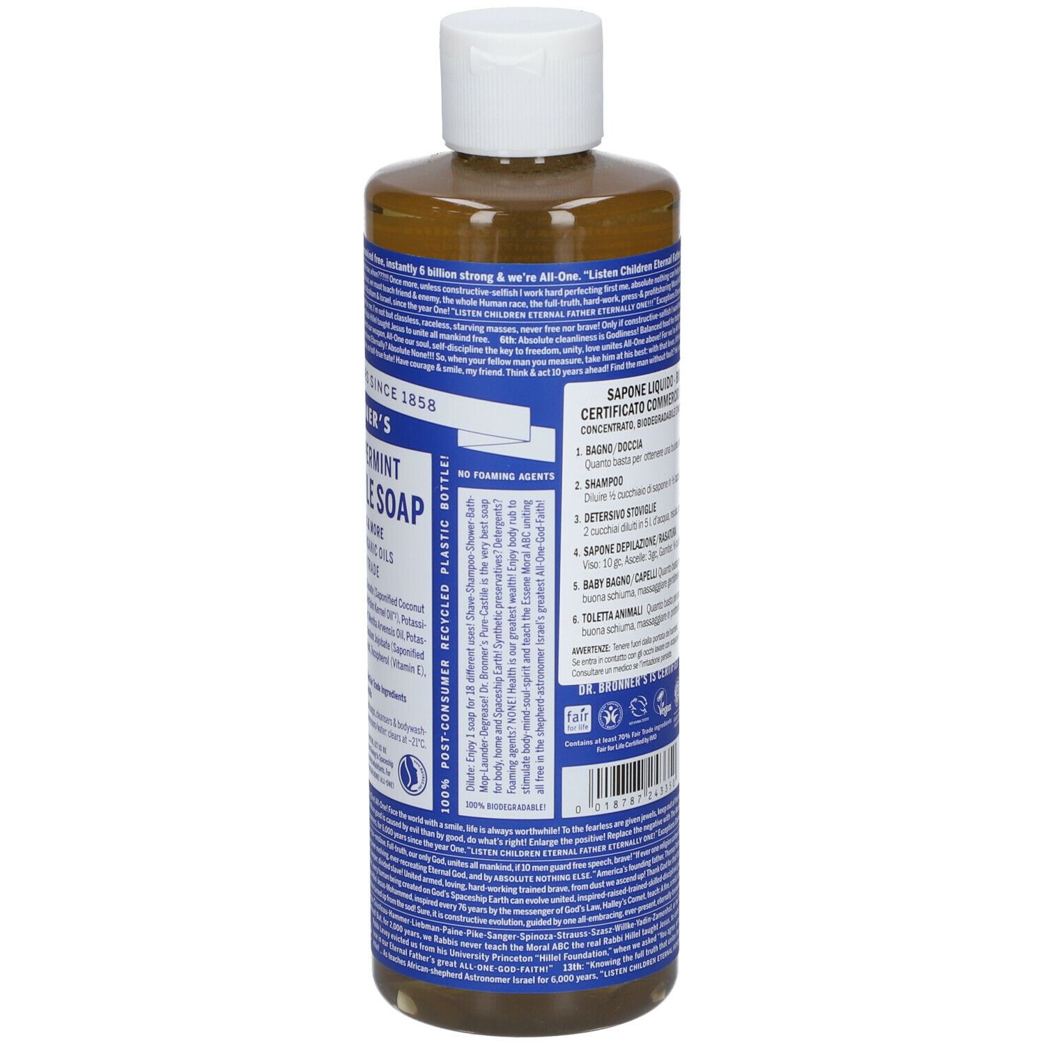 Retro di una bottiglia di sapone liquido. Testo blu e bianco. Contiene informazioni sugli ingredienti e le certificazioni.