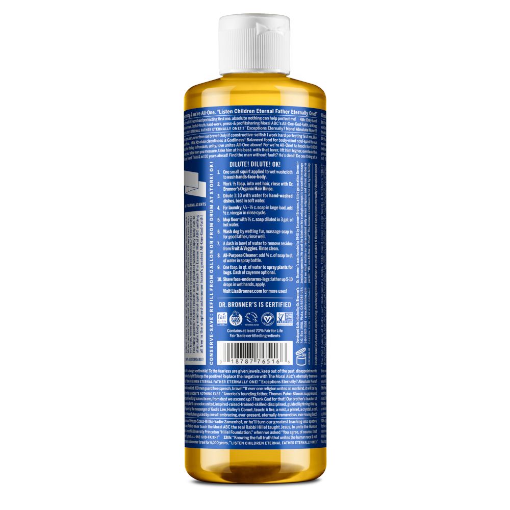 Retro di una bottiglia di sapone liquido. Testo blu e bianco. Contiene informazioni sugli ingredienti e le certificazioni.