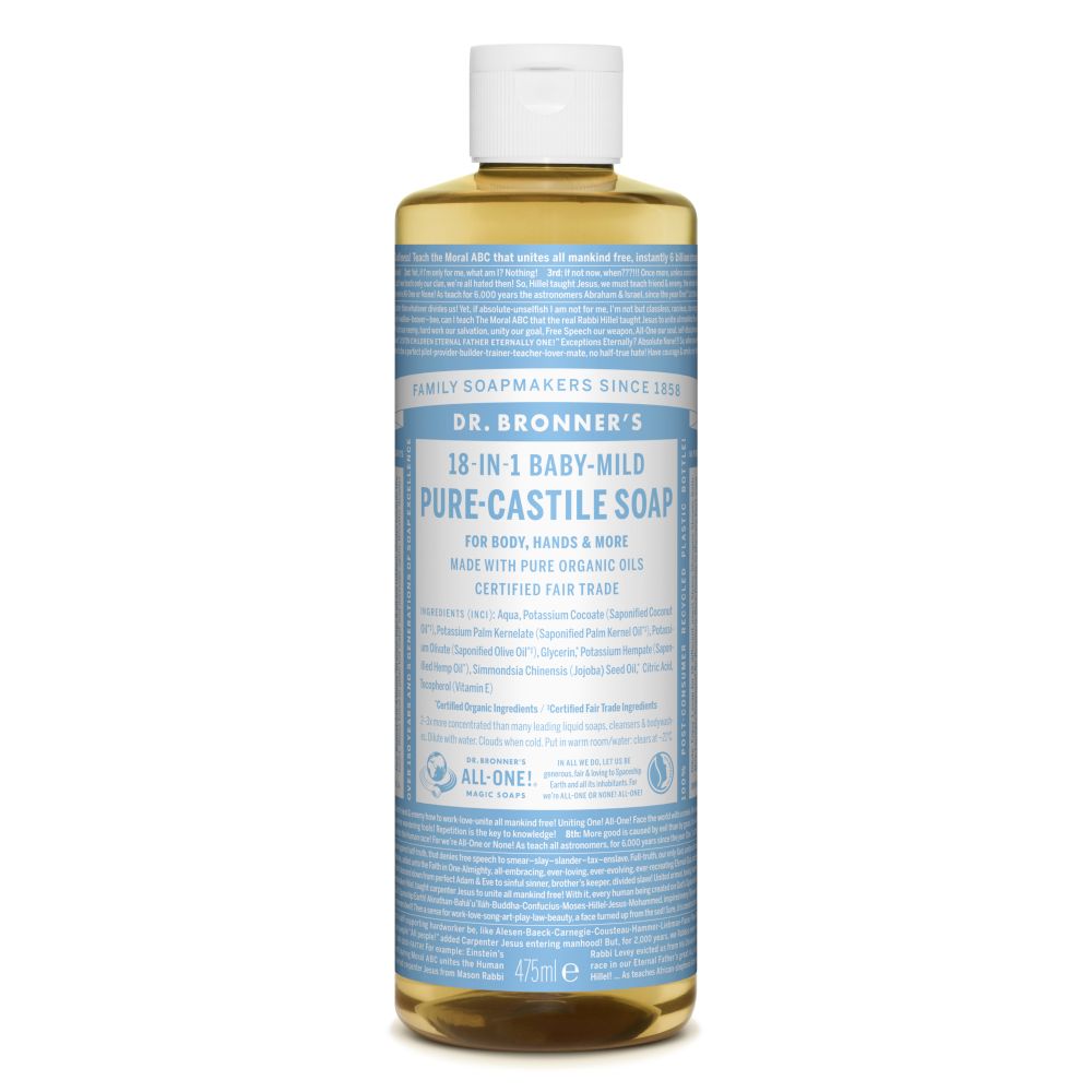 Flacone di sapone liquido. Scritta: Dr. Bronner's 18-in-1 Baby-Mild Pure-Castile Soap. Tappo bianco.