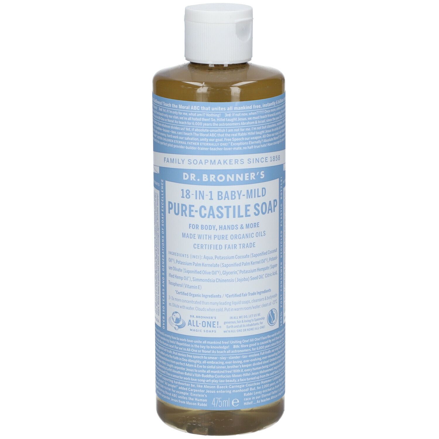 Flacone di sapone liquido. Scritta: Dr. Bronner's 18-in-1 Baby-Mild Pure-Castile Soap. Tappo bianco.