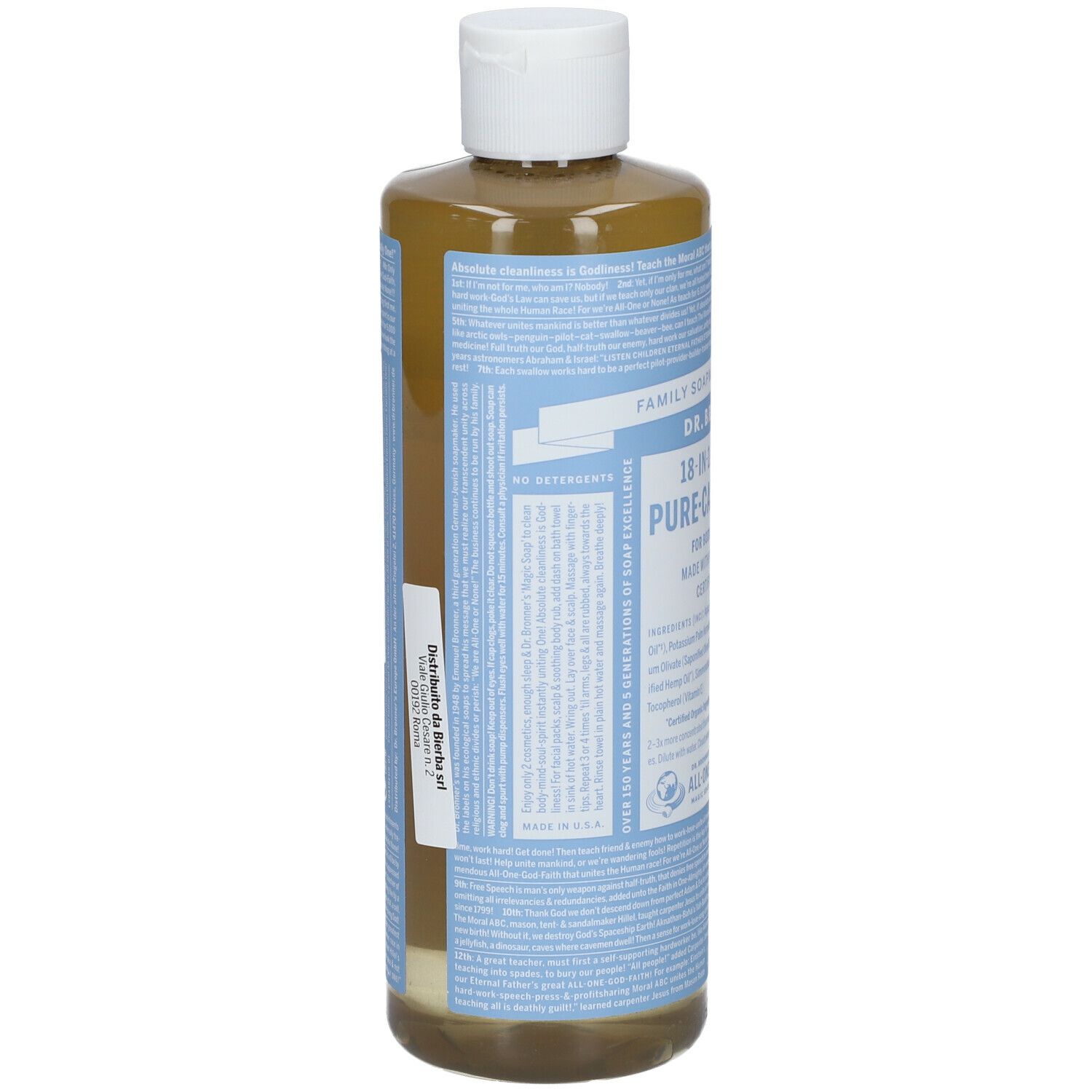 Retro del flacone di sapone. Testo con istruzioni e ingredienti. Tappo bianco.
