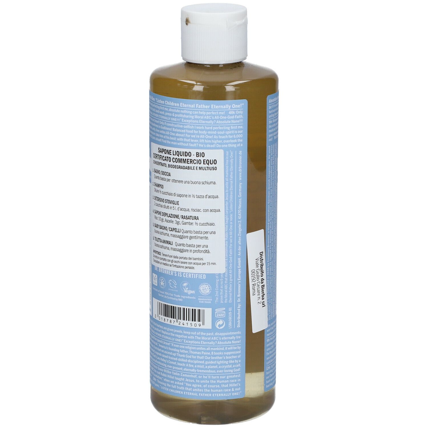 Retro del flacone di sapone. Testo con istruzioni e ingredienti. Tappo bianco.