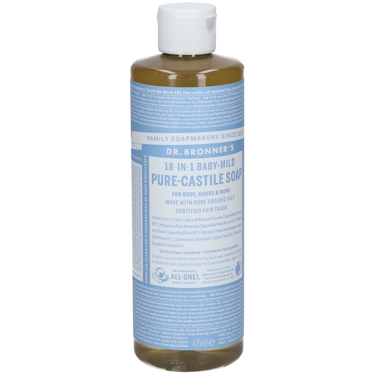 Flacone di sapone liquido. Scritta: Dr. Bronner's 18-in-1 Baby-Mild Pure-Castile Soap. Tappo bianco.