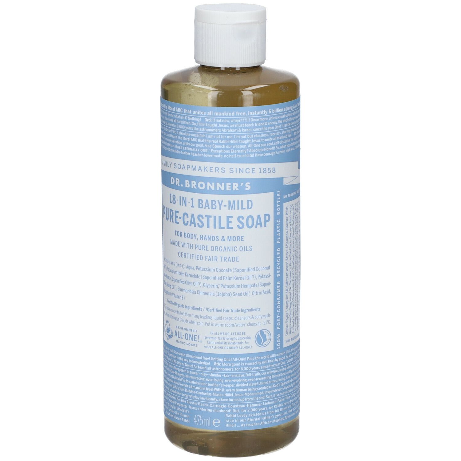 Flacone di sapone liquido. Scritta: Dr. Bronner's 18-in-1 Baby-Mild Pure-Castile Soap. Tappo bianco.