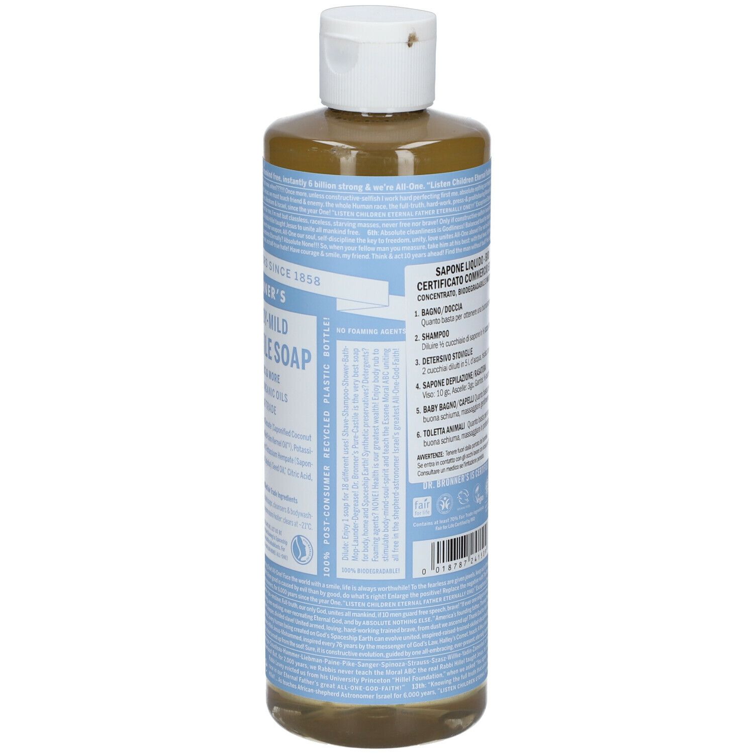 Retro del flacone di sapone. Testo con istruzioni e ingredienti. Tappo bianco.