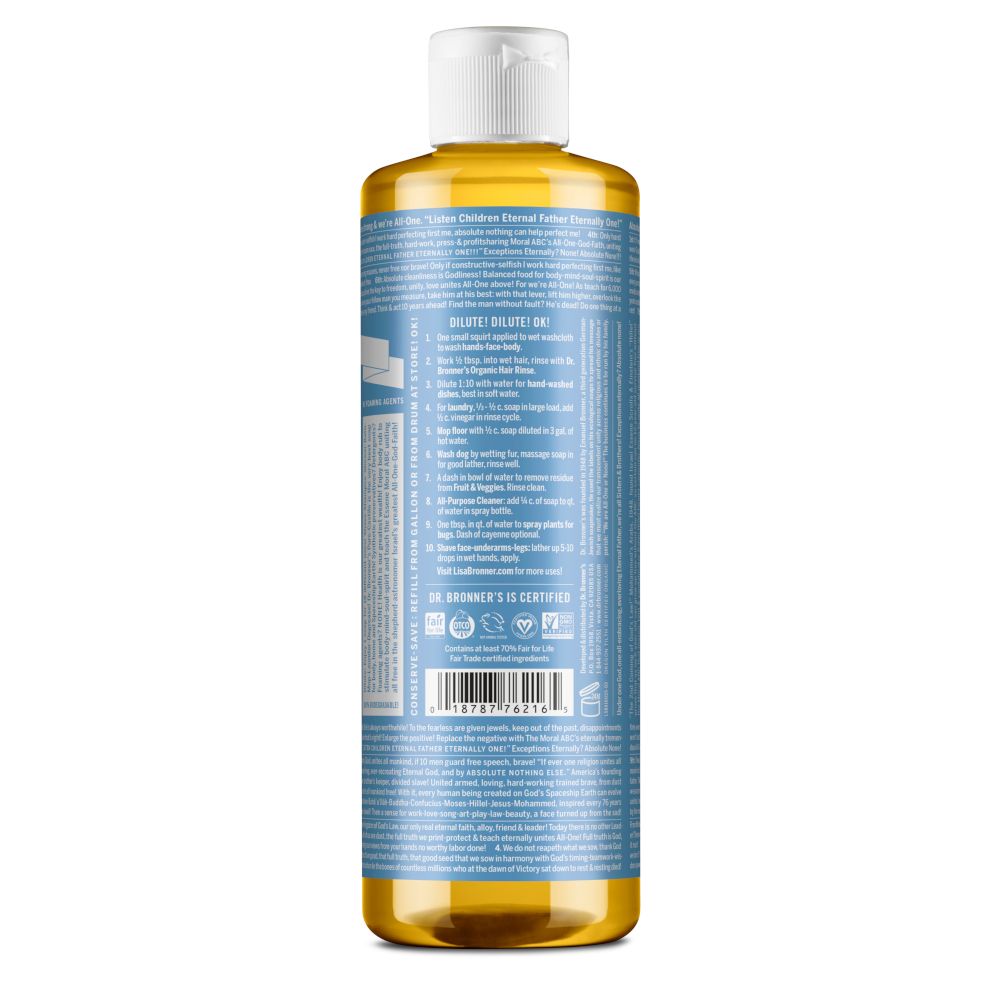 Retro del flacone di sapone. Testo con istruzioni e ingredienti. Tappo bianco.