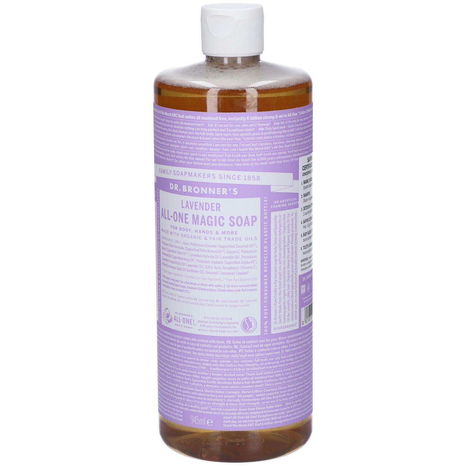 Dr. Bronner's Lavendel All-One Magic Soap in durchsichtiger Flasche mit weißem Deckel. Llavendel-farbene Etikett mit Produktinformationen.