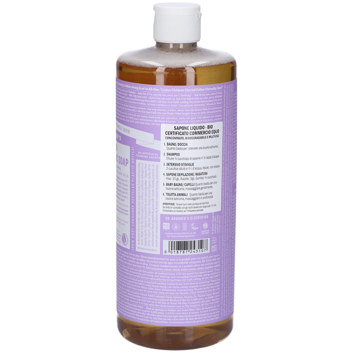 Eine braune Flüssigseife in einer durchsichtigen Flasche mit weißem Deckel und lila Etikett.