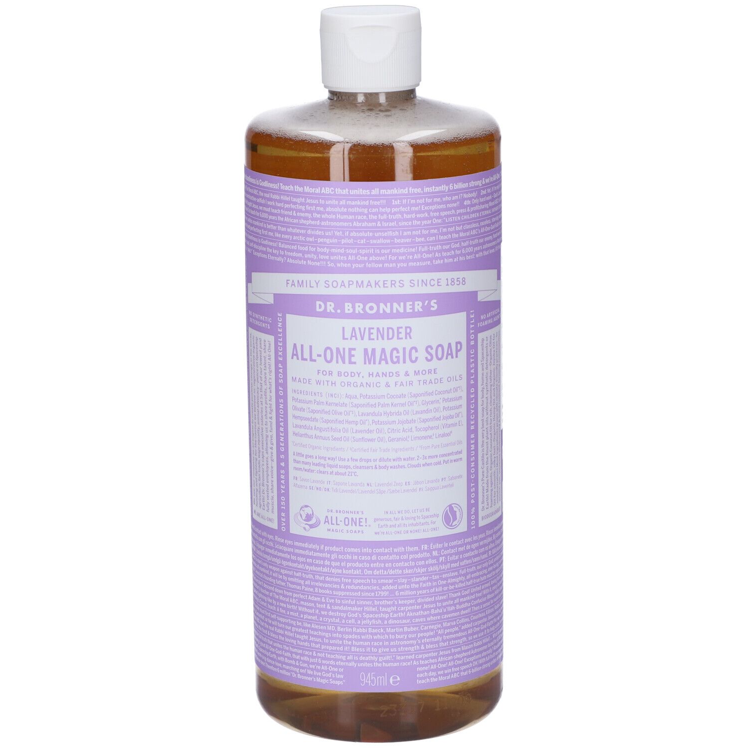 Dr. Bronner's Lavendel All-One Magic Soap in 946ml Flasche mit weißem Deckel.