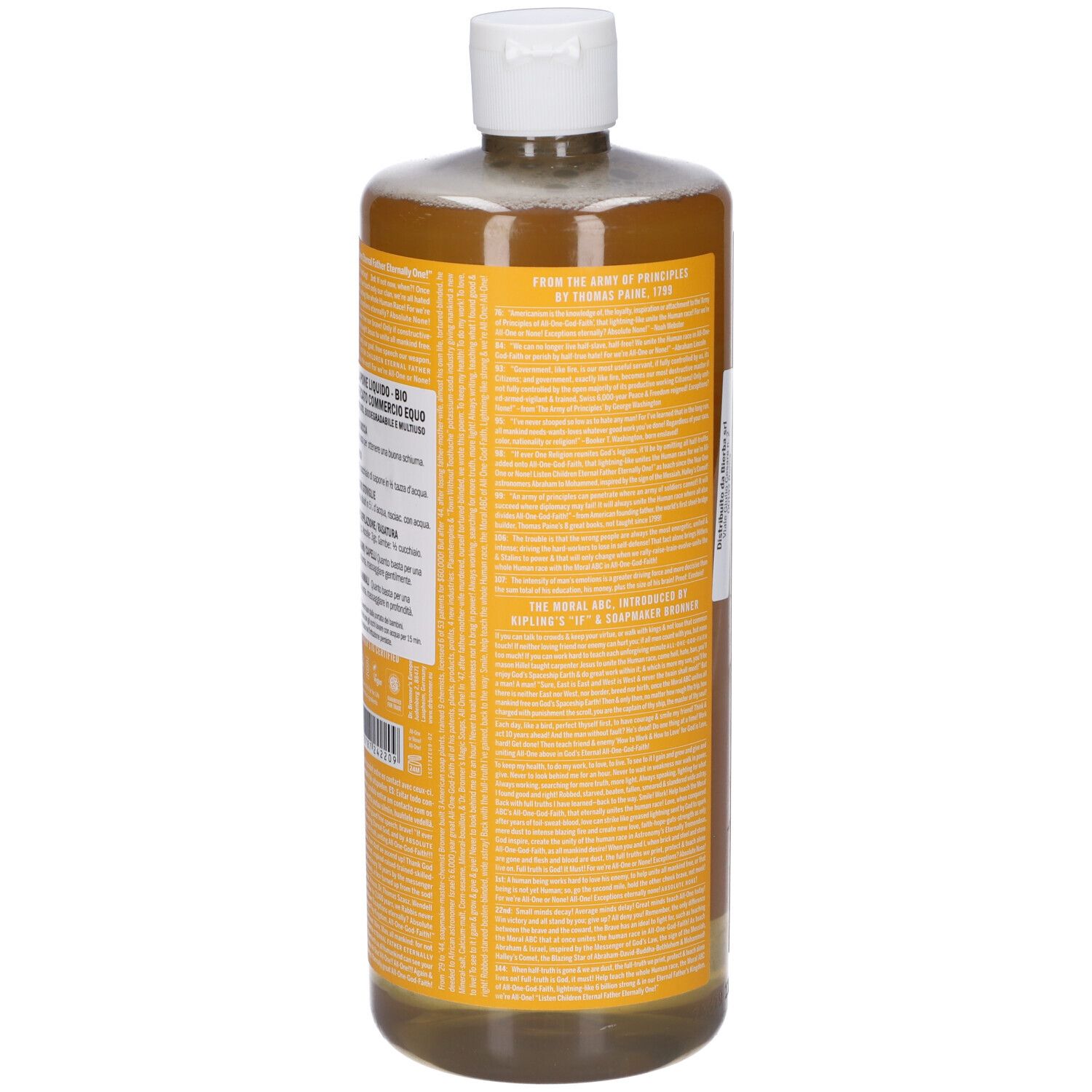 Braune Flüssigkeit in einer durchsichtigen Flasche mit weißem Verschluss und gelbem Etikett.