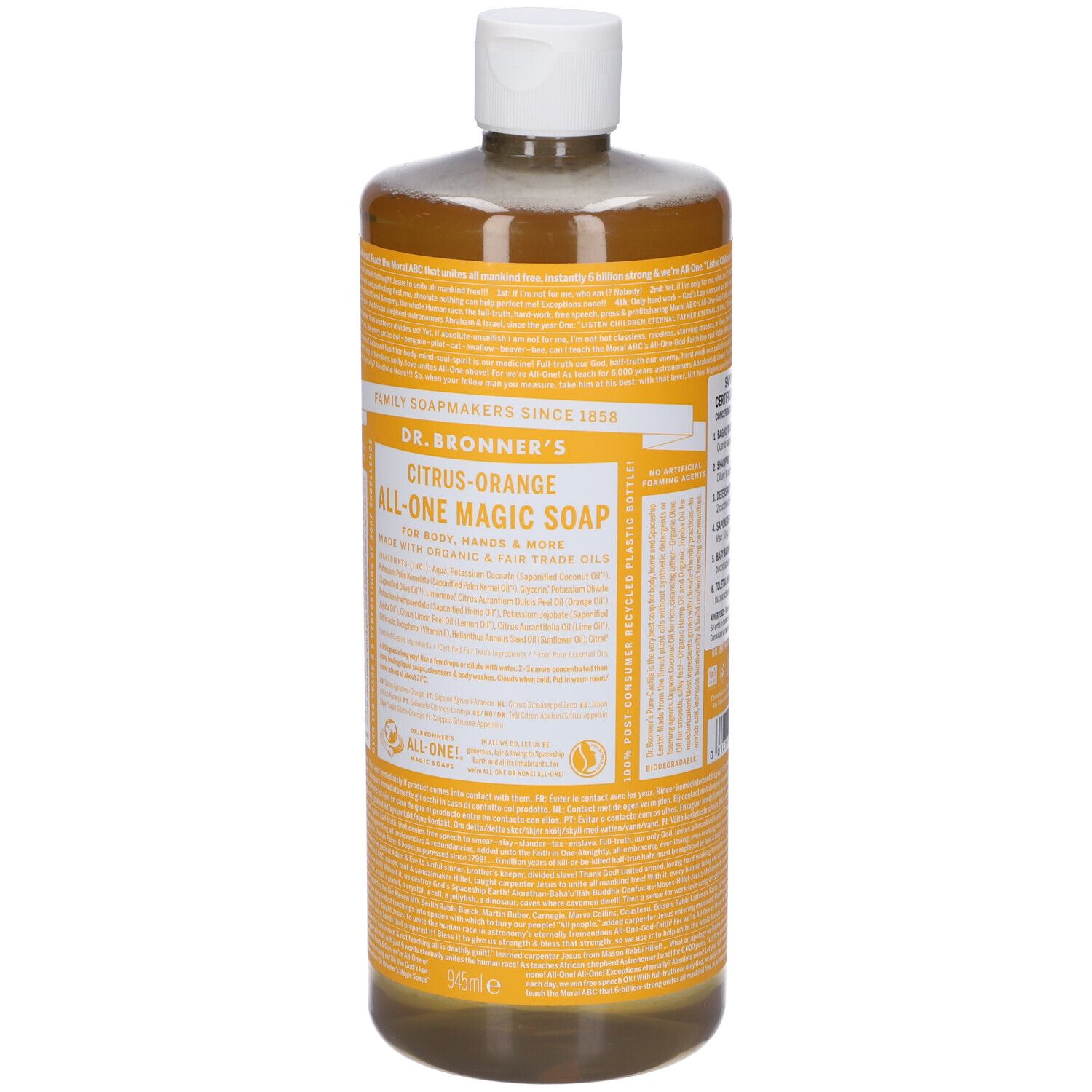 Dr. Bronner's Citrus-Orange All-One Magic Soap Flasche mit weißem Deckel. Gelbe Etiketten mit schwarzem Text.