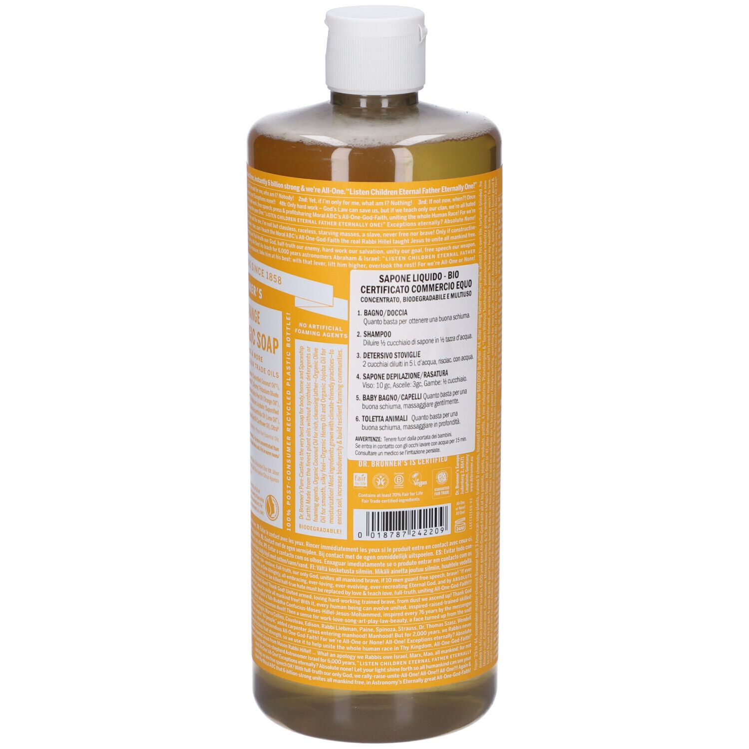 Eine Flasche flüssige Seife mit weißem Deckel. Das Etikett ist gelb mit schwarzem Text und zeigt Produktinformationen und Zertifizierungen.