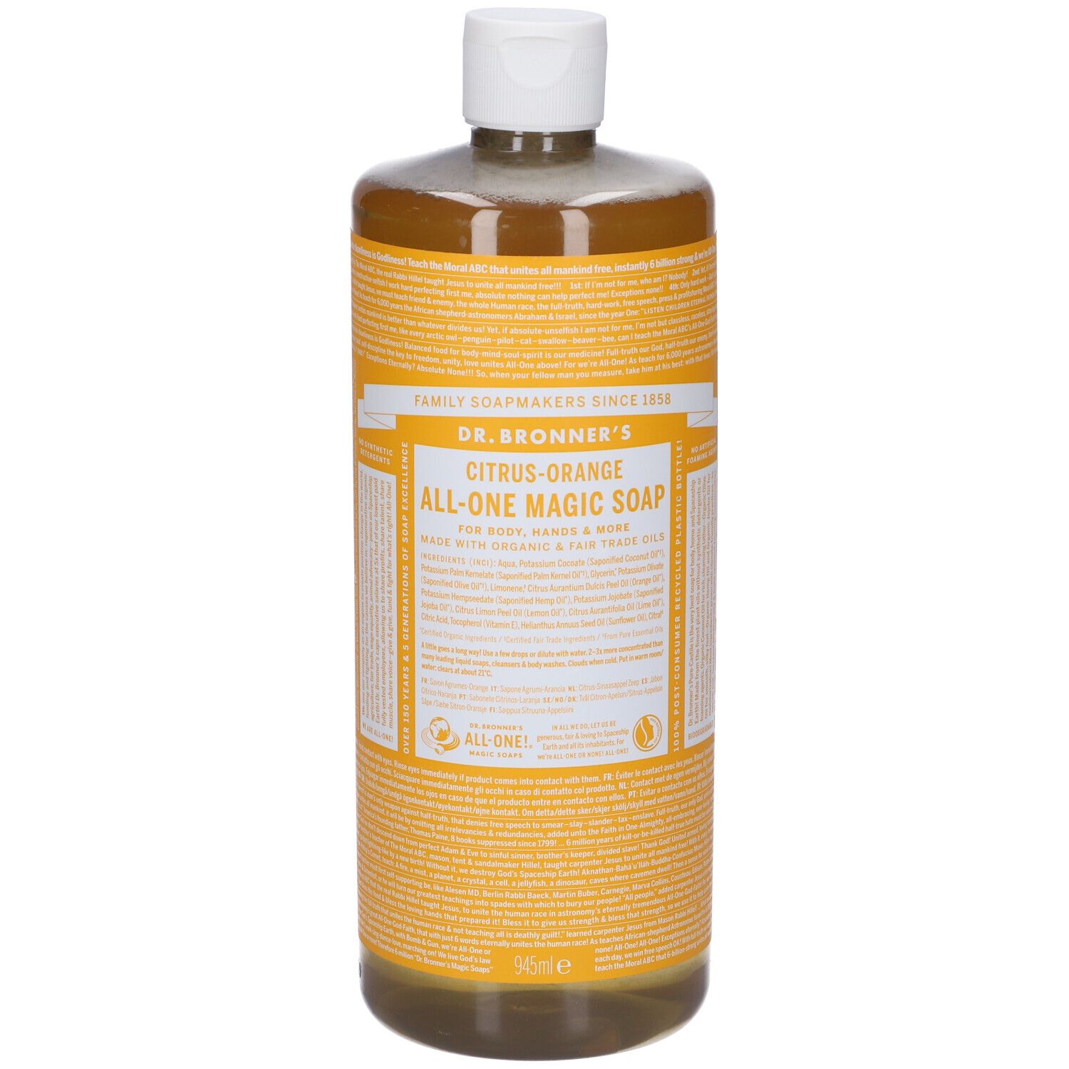 Dr. Bronner's Citrus-Orange All-One Magic Soap in einer 946ml Flasche mit weißem Verschluss.
