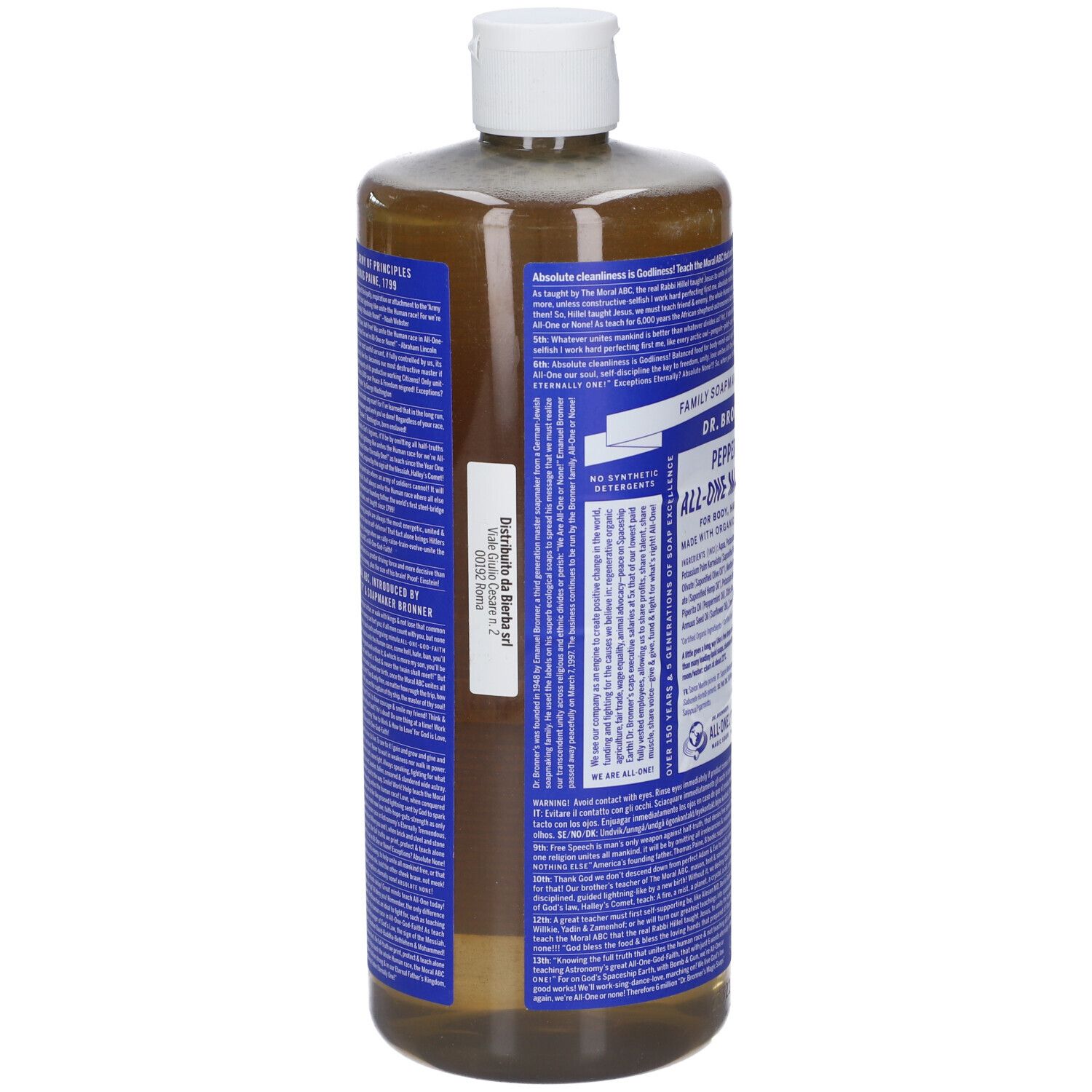 Braune Flüssigkeit in durchsichtiger Flasche mit blauem Etikett und weißem Deckel. "Dr. Bronner's" und "All-One Magic Soap" sind sichtbar.
