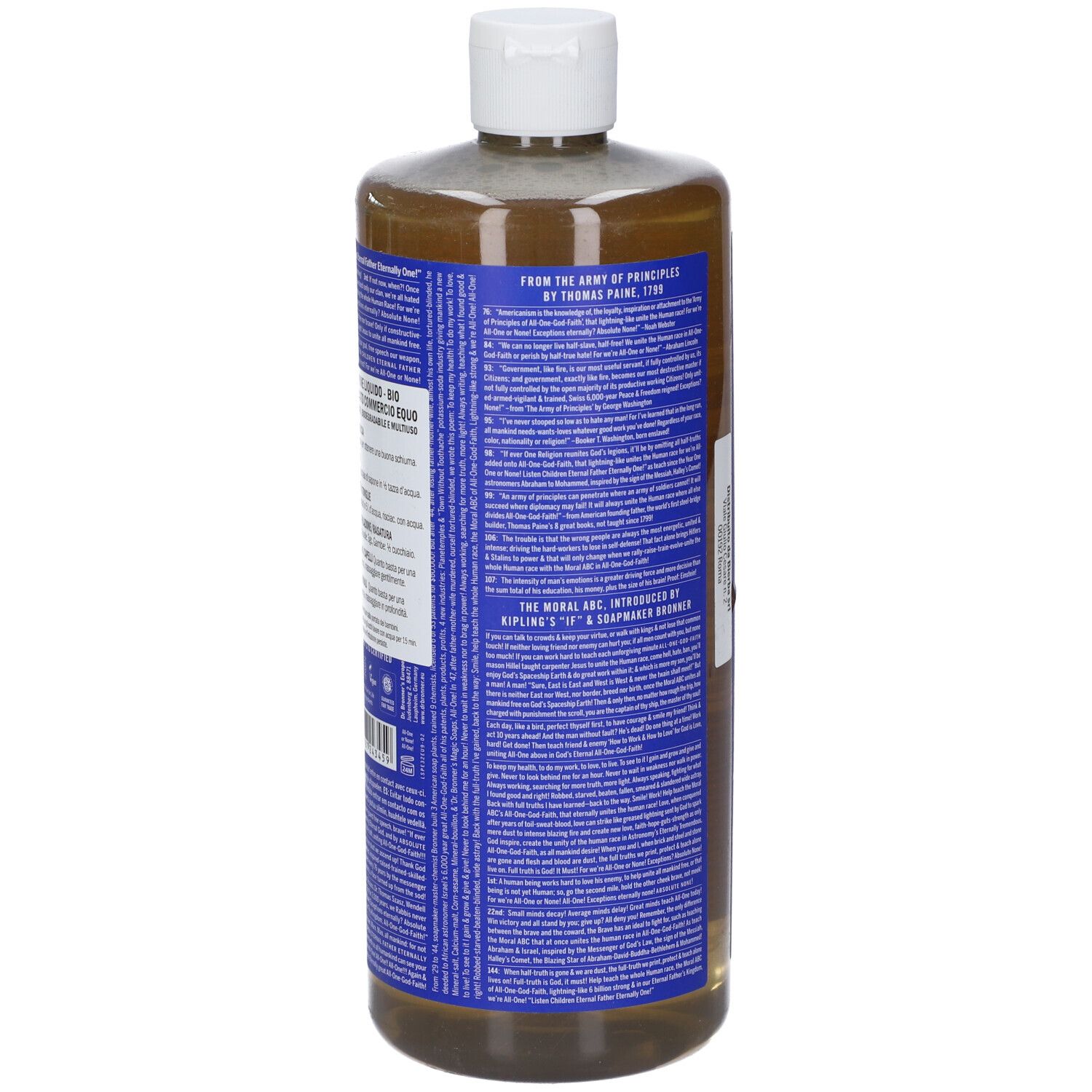 Braune Flüssigkeit in durchsichtiger Flasche mit weißem Deckel. Blaue Etiketten mit Text.