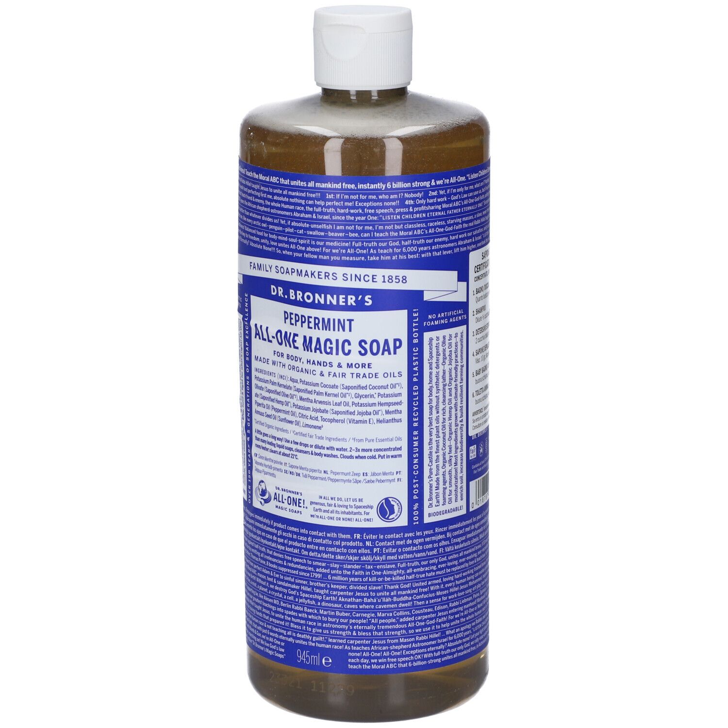 Dr. Bronner's Peppermint All-One Magic Soap in 946ml Flasche mit weißem Verschluss. Blaue Etiketten mit Text.