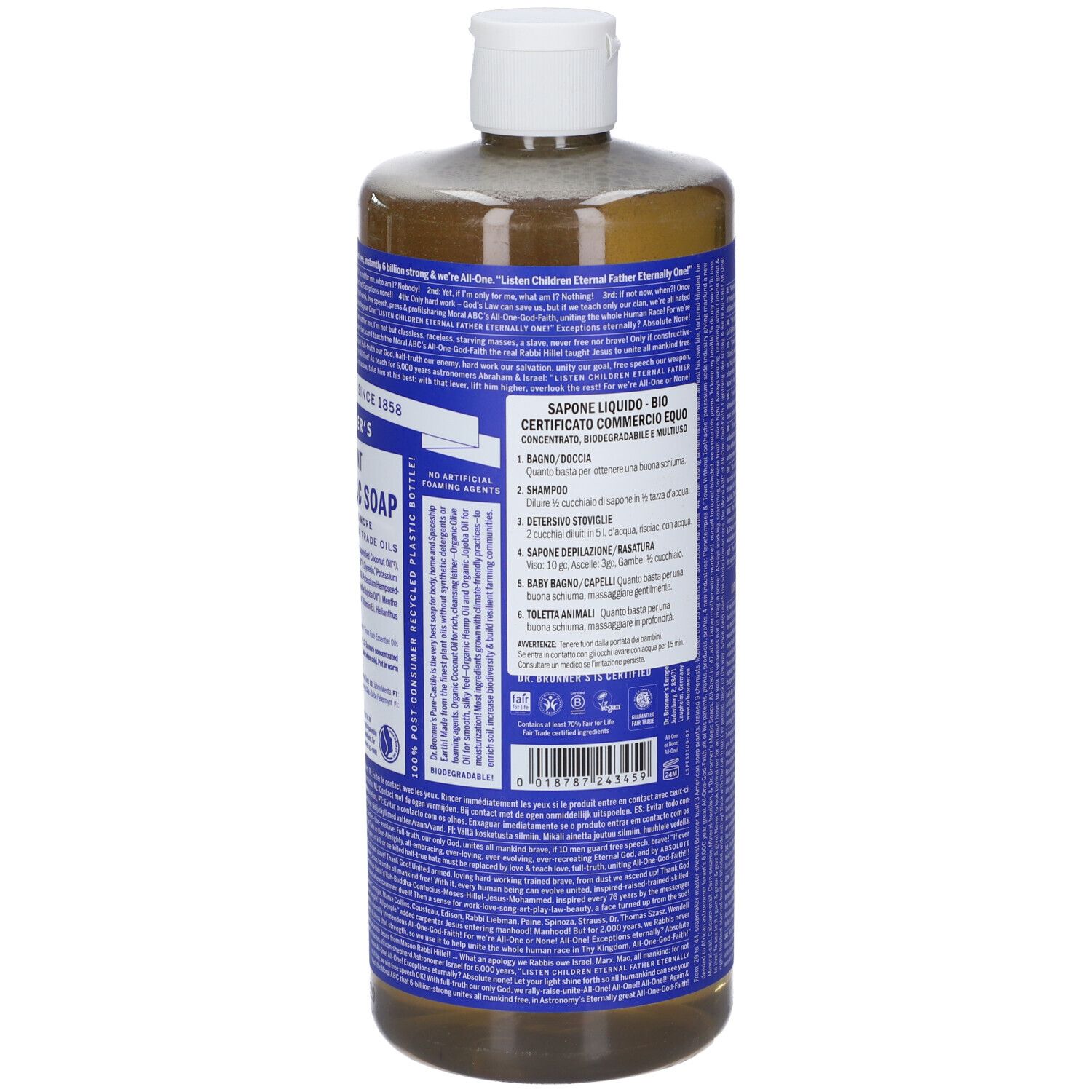 Braune Flüssigseife in durchsichtiger Flasche mit blauem Etikett und weißem Deckel.