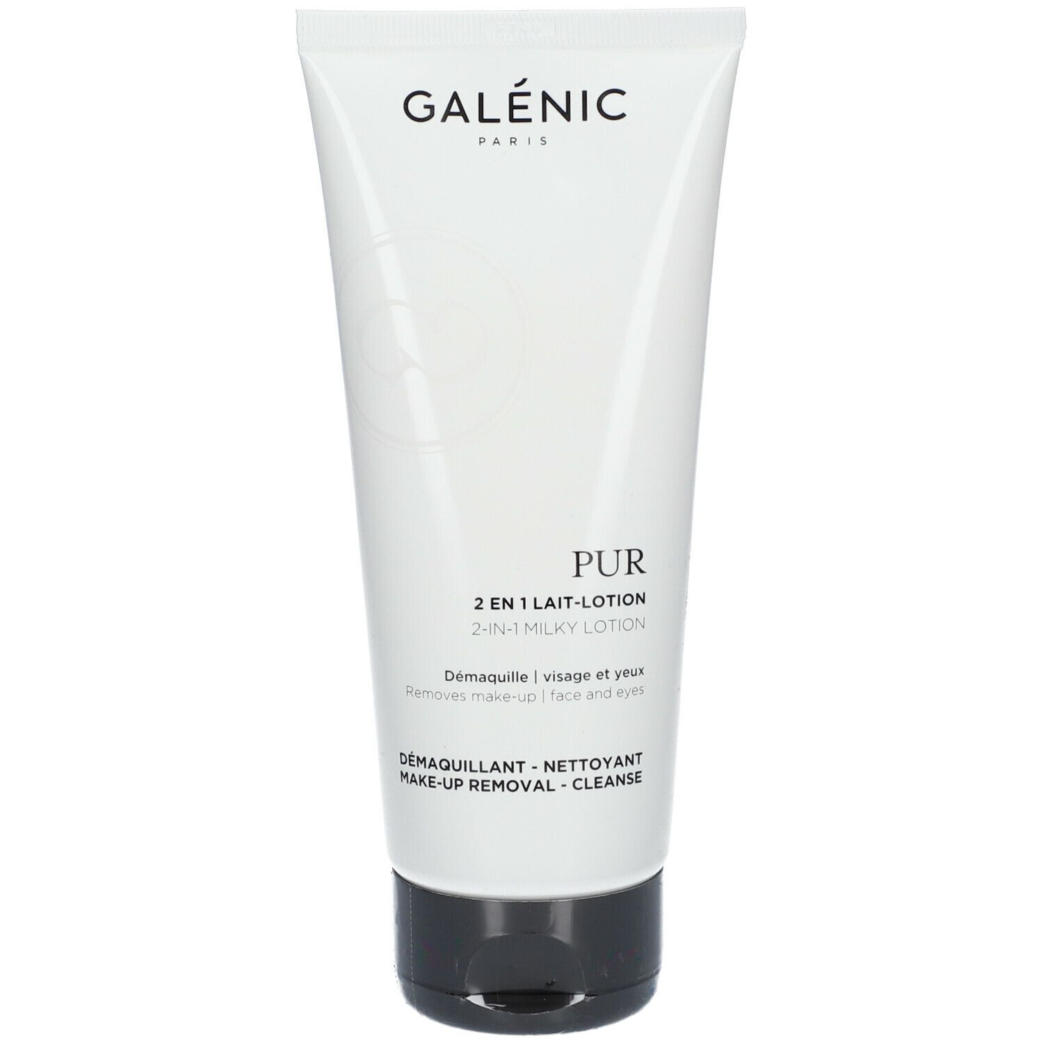 Weiße Tube mit schwarzem Deckel. Text: GALÉNIC, PUR 2 in 1 Milch-Lotion. Entfernt Make-up für Gesicht und Augen.