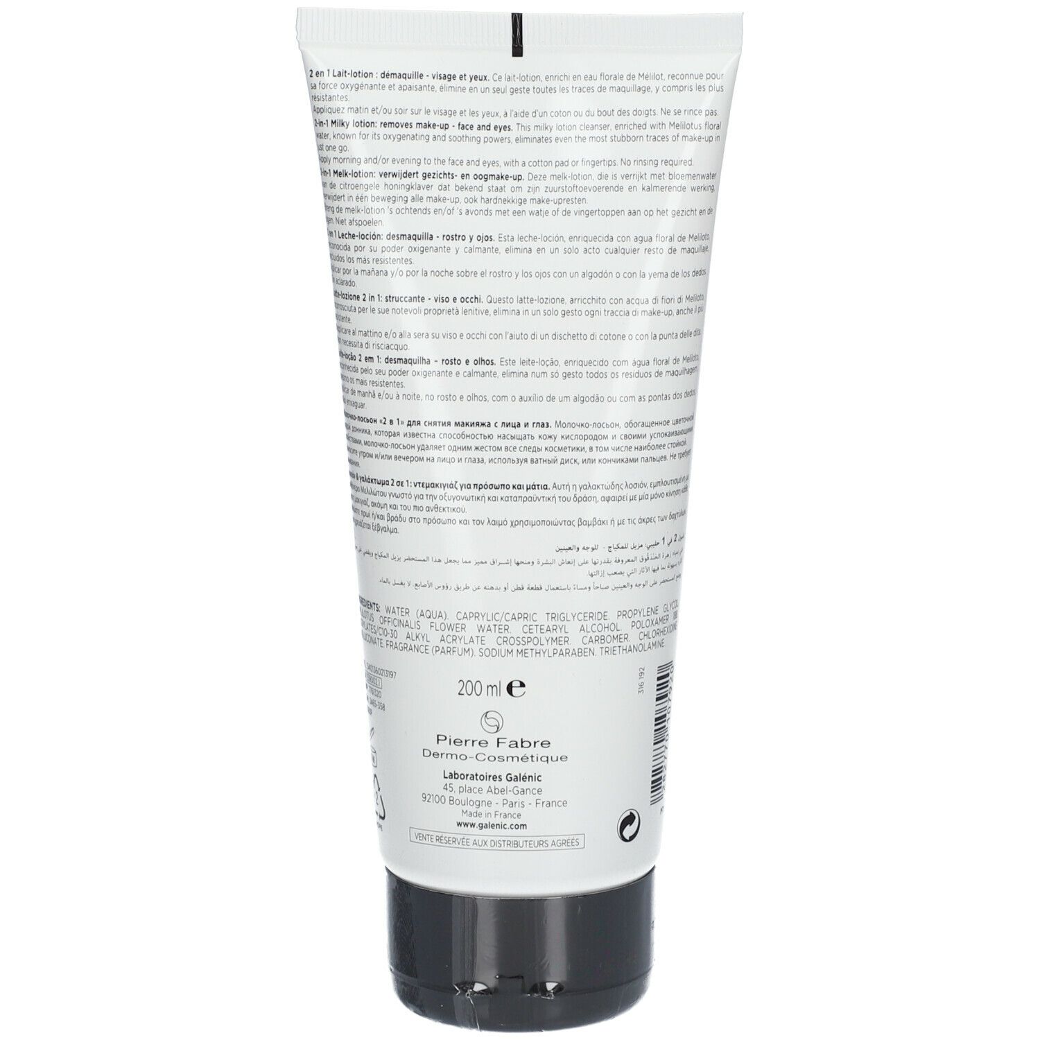 Rückseite der weißen Tube. Text: Inhaltsstoffe, 200ml, Pierre Fabre. Produktinformationen in mehreren Sprachen.
