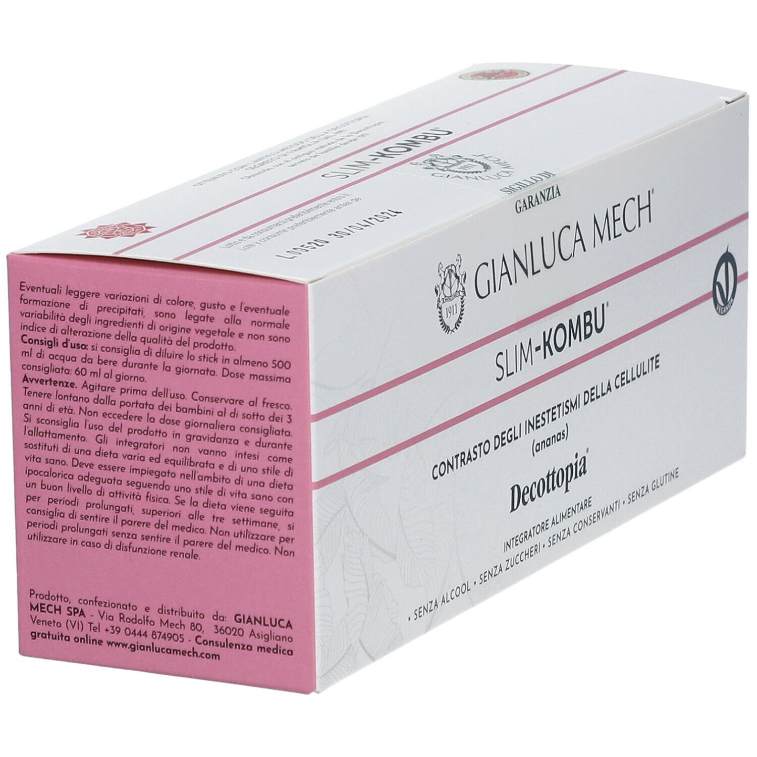Confezione di Slim-Kombu. Scritte: GIANLUCA MECH, Slim-Kombu, Decottopia. Testo sugli ingredienti e le istruzioni per l'uso. Sigillo vegano.