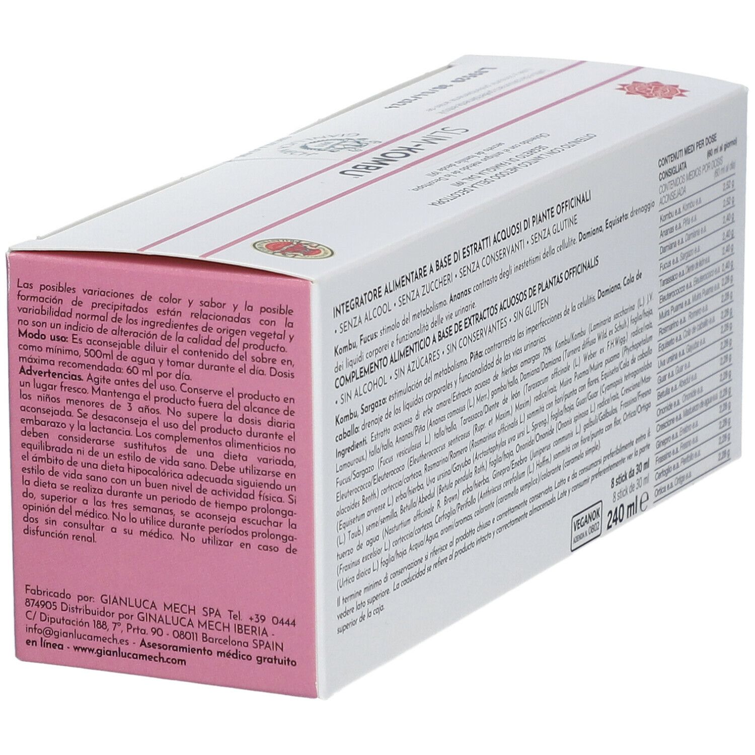 Confezione di Slim-Kombu. Scritte: GIANLUCA MECH, Slim-Kombu, Decottopia. Testo sugli ingredienti e le istruzioni per l'uso. 240 ml. Sigillo vegano.