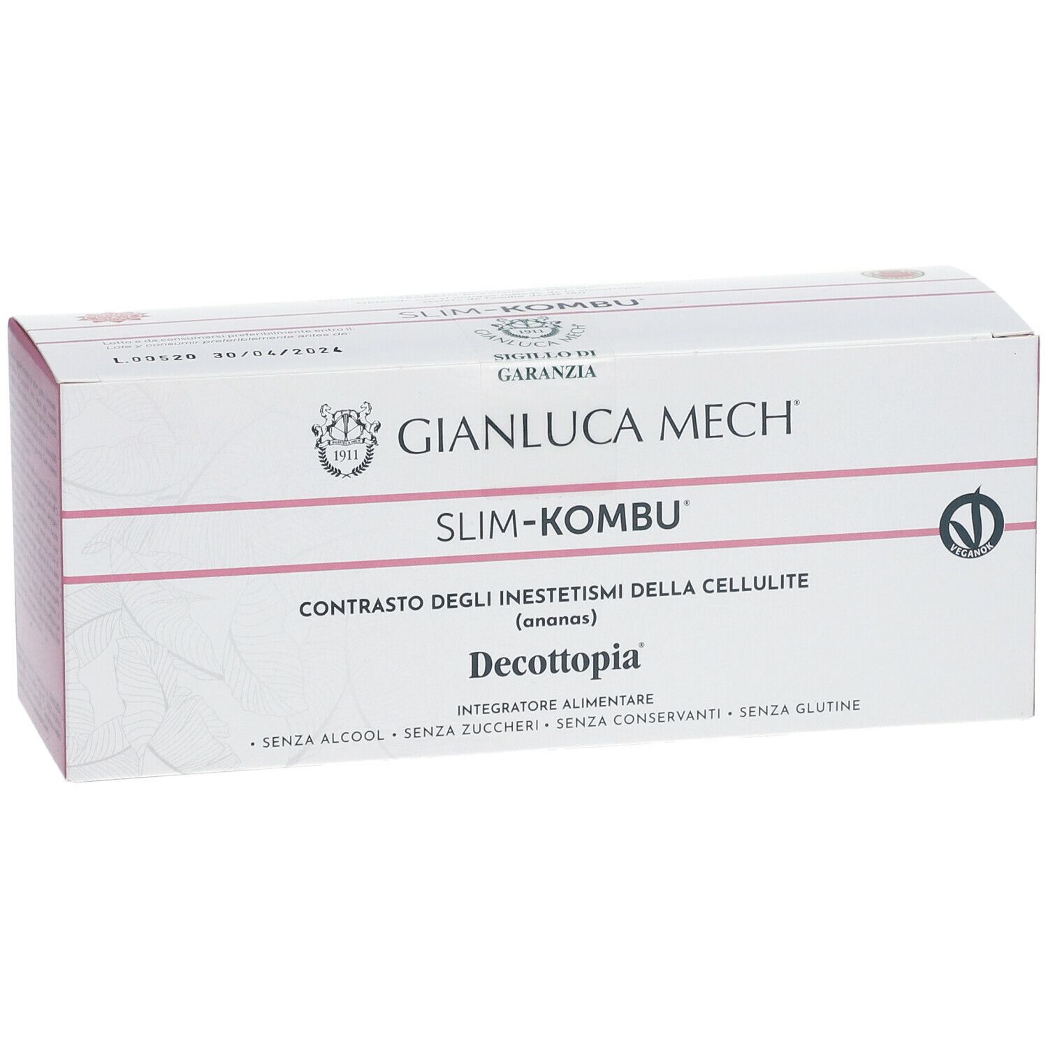Confezione di Slim-Kombu. Scritte: GIANLUCA MECH, Slim-Kombu, Decottopia. Senza zuccheri, alcol, conservanti e glutine. Sigillo vegano.