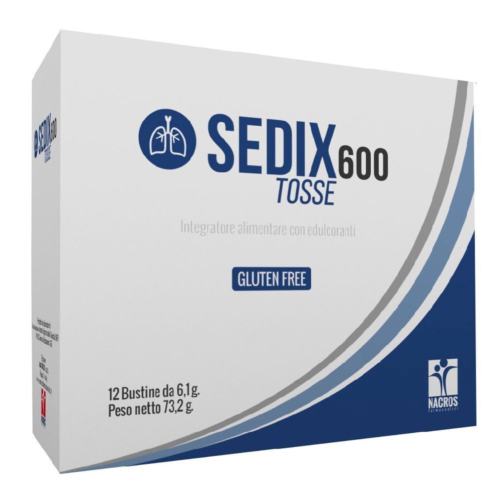 Scatola Sedix 600 Tosse. Confezione blu e bianca con nome e logo del prodotto. Contiene 12 bustine.