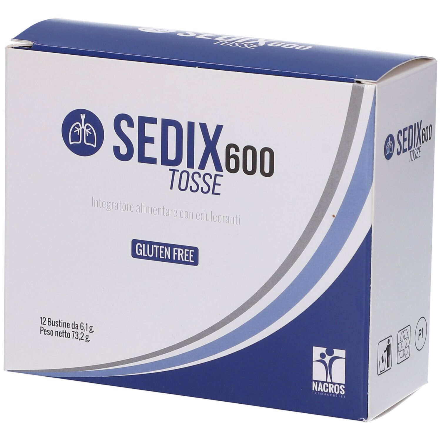 Scatola Sedix 600 Tosse. Confezione blu e bianca con nome e logo del prodotto. Contiene 12 bustine.