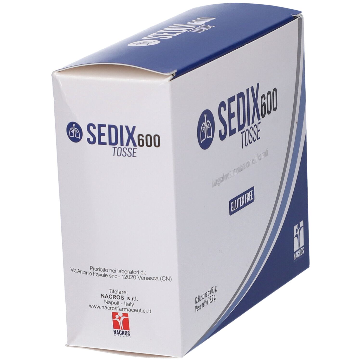 Scatola Sedix 600 Tosse. Confezione blu e bianca con nome e logo del prodotto. Contiene 12 bustine.