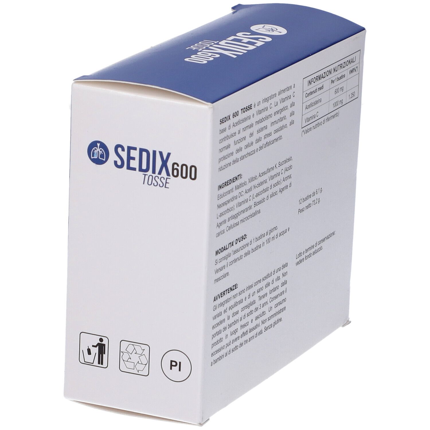 Retro della scatola Sedix 600 Tosse. Contiene informazioni sugli ingredienti e i valori nutrizionali. 12 bustine.