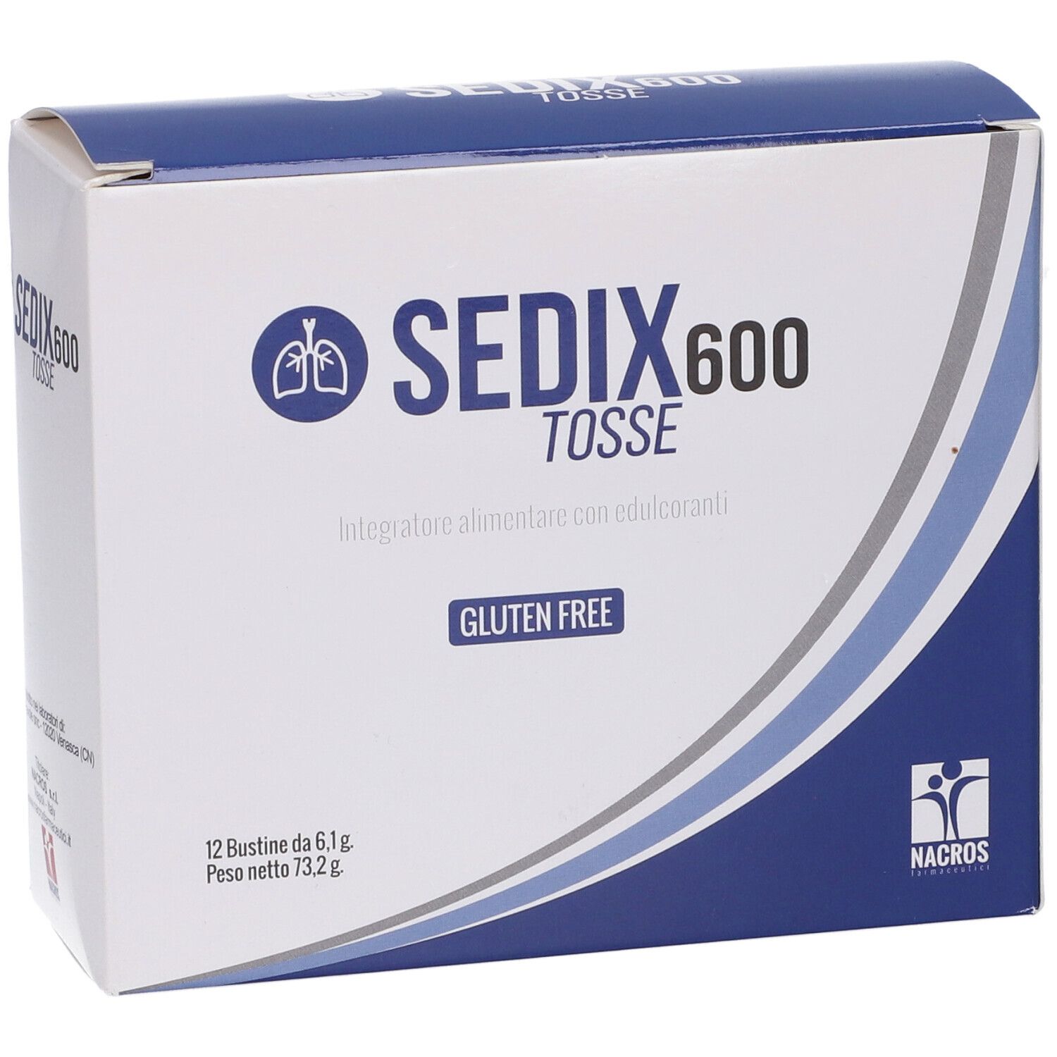 Scatola Sedix 600 Tosse. Confezione blu e bianca con nome e logo del prodotto. Contiene 12 bustine.