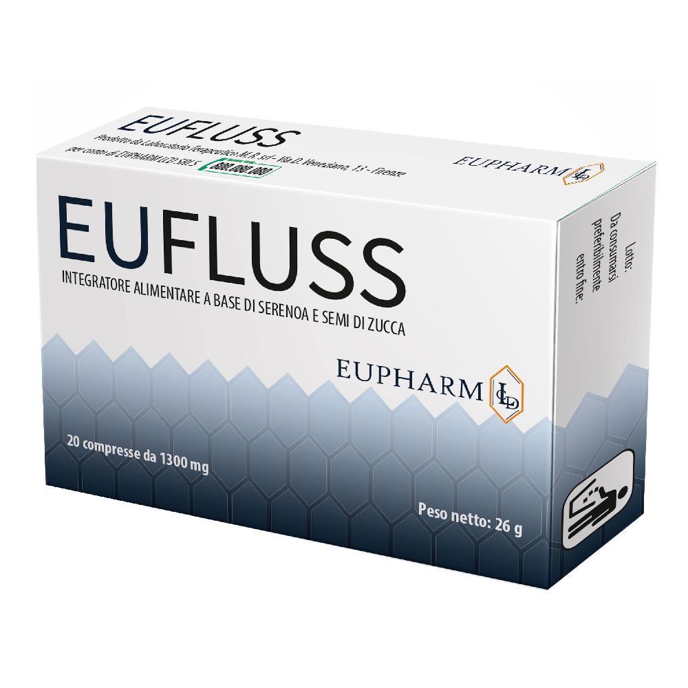Scatola di EUFLUSS, 20 compresse. Marchio: Eupharm. Confezione bianca con motivi geometrici blu e grigi.