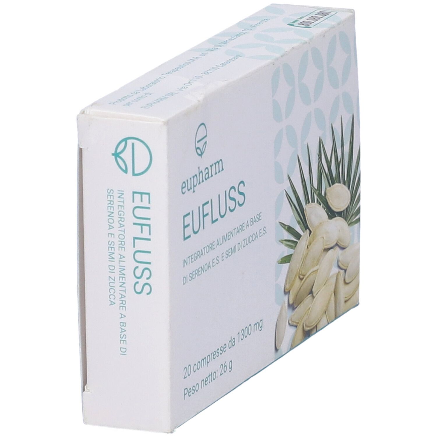 Scatola di EUFLUSS, 20 compresse. Marchio: Eupharm. Confezione bianca con immagine di semi e piante, in diagonale.